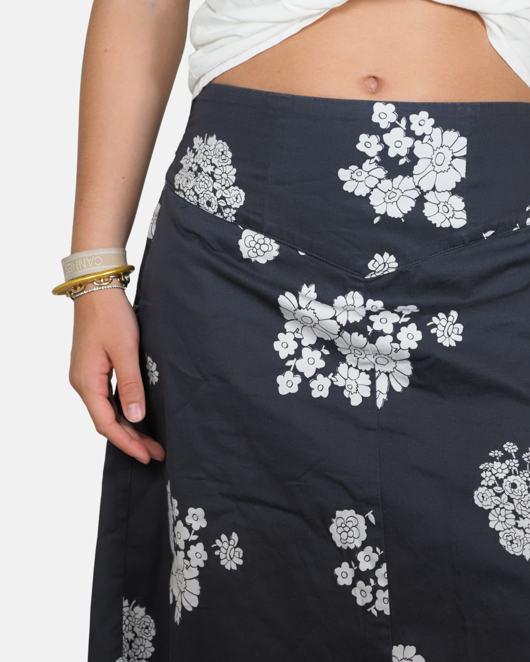 Dark Blue and White Floral Midi Skirt - Intrend