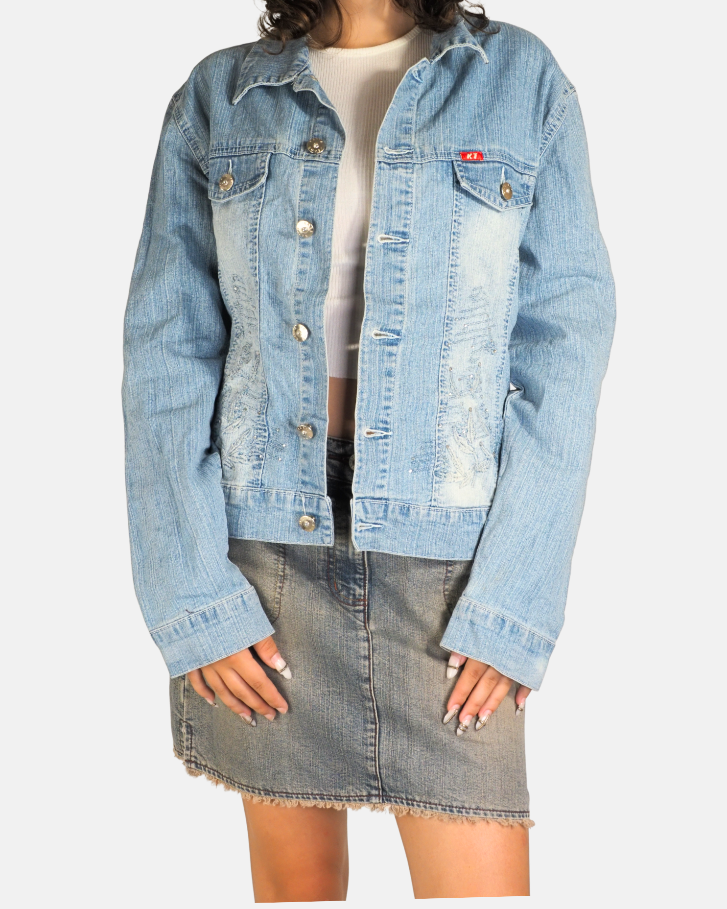 Rhinestone Embellished Light Wash Denim Jacket - Katia Jeans
