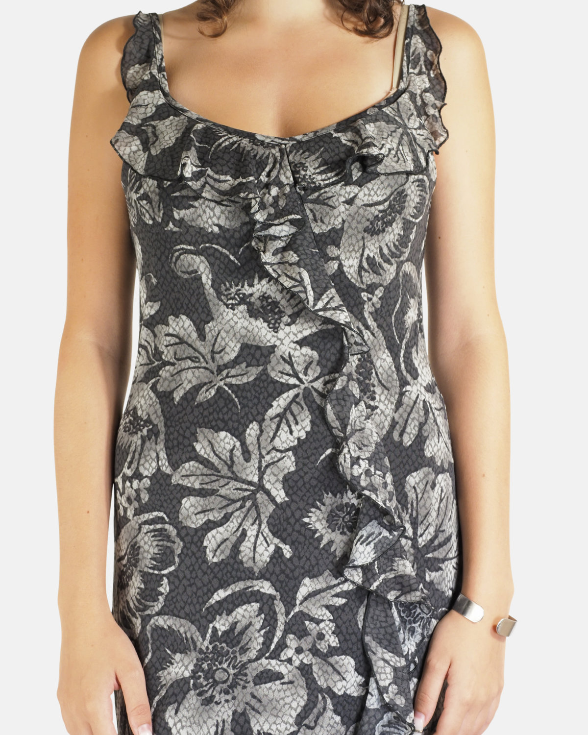 Grey Floral Ruffle Midi Dress - Kookaï