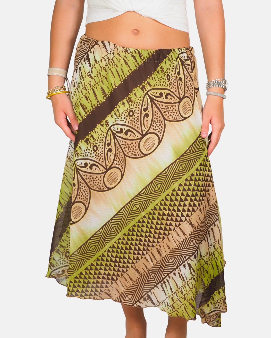 Y2K Green & Brown Tribal Print Maxi Skirt