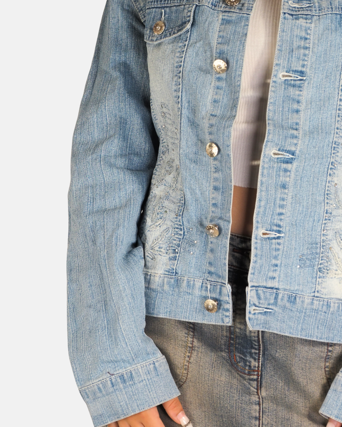 Rhinestone Embellished Light Wash Denim Jacket - Katia Jeans