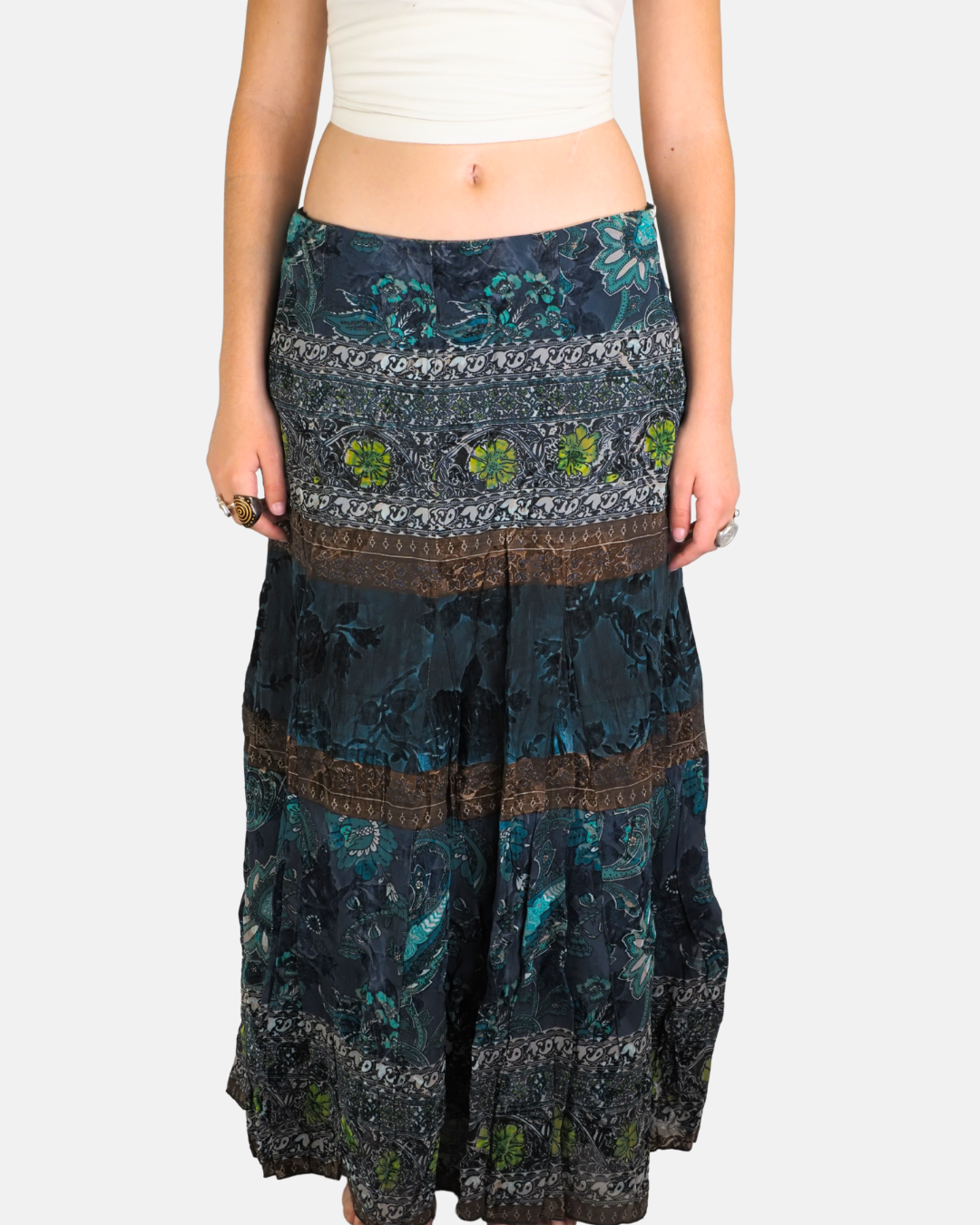 Blue Paisley Tiered Boho Maxi Skirt - Yoors