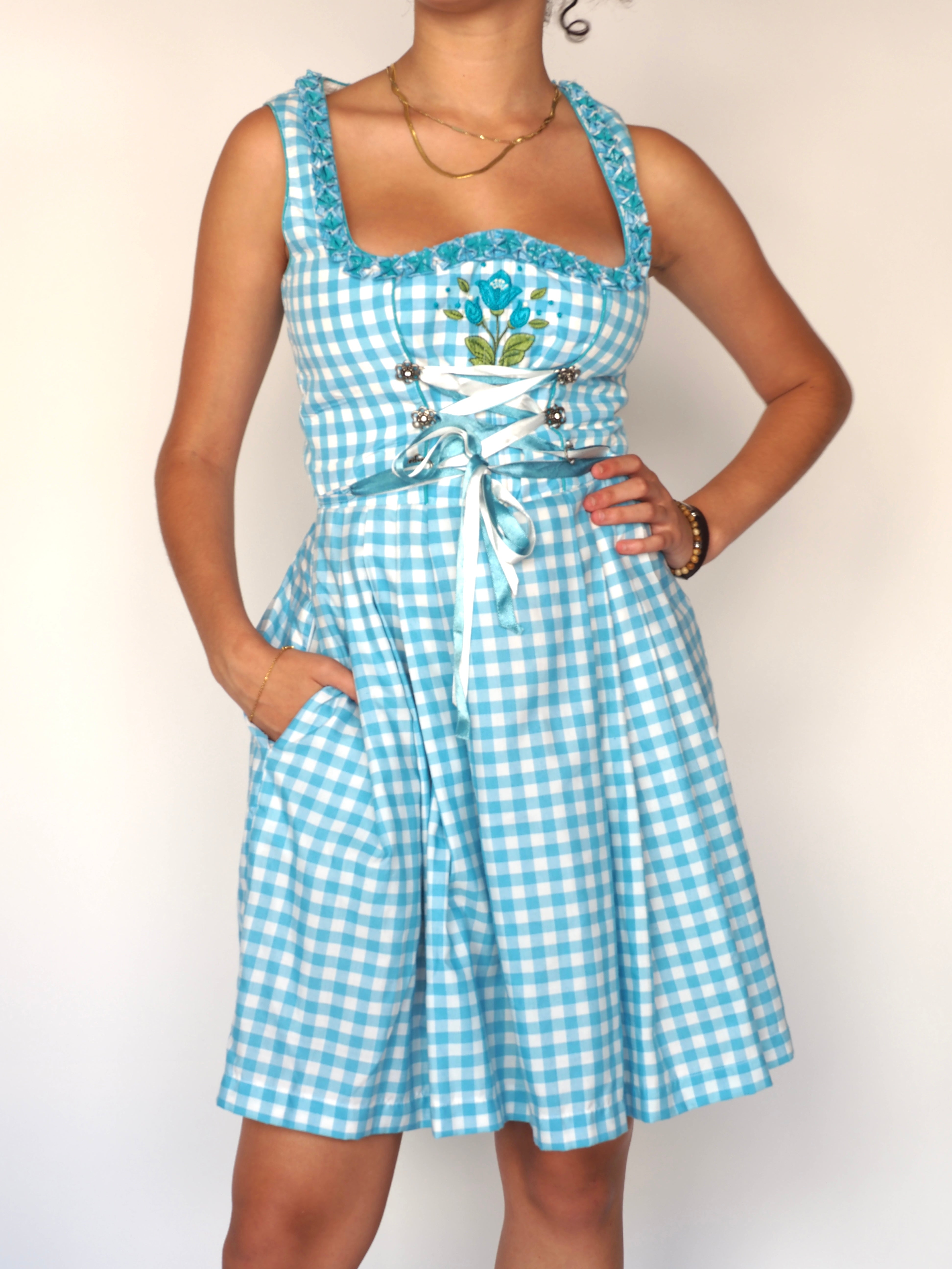 Lekra Blue Gingham Corset Dirndl Dress with Floral Embroidery