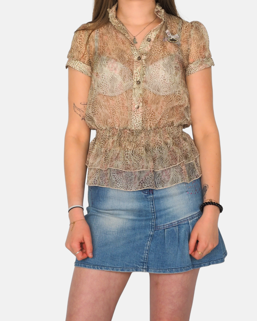 Vintage Sheer Animal Print Ruffle Waist Y2K Blouse