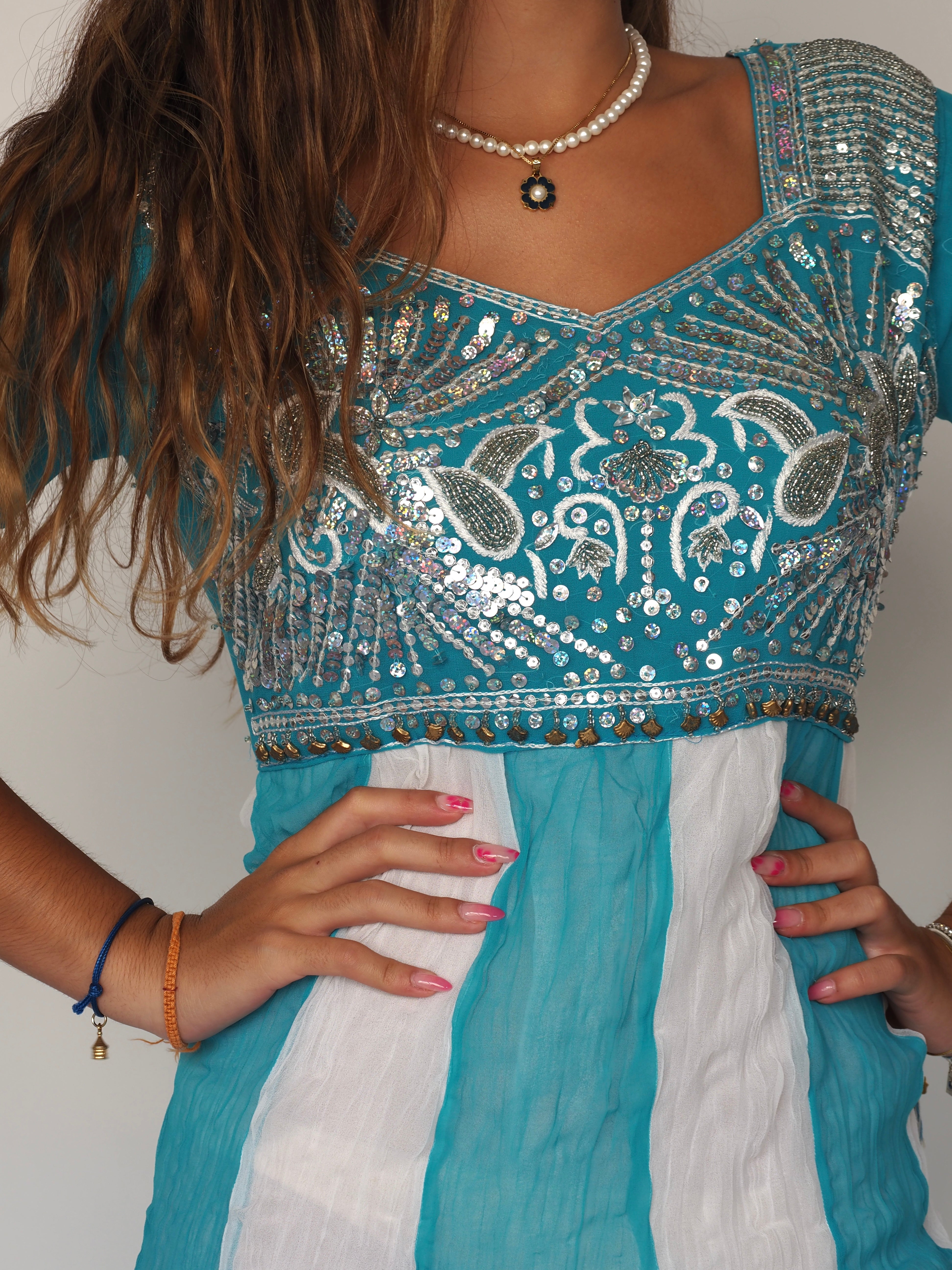 Vintage Aqua Mirror-Embroidered Boho Midi Dress with Swirl Skirt