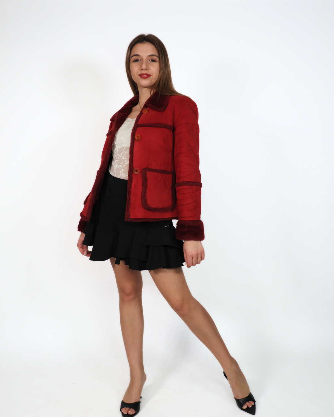 Vintage Shearling Biker Jacket in Maroon Red with Fur