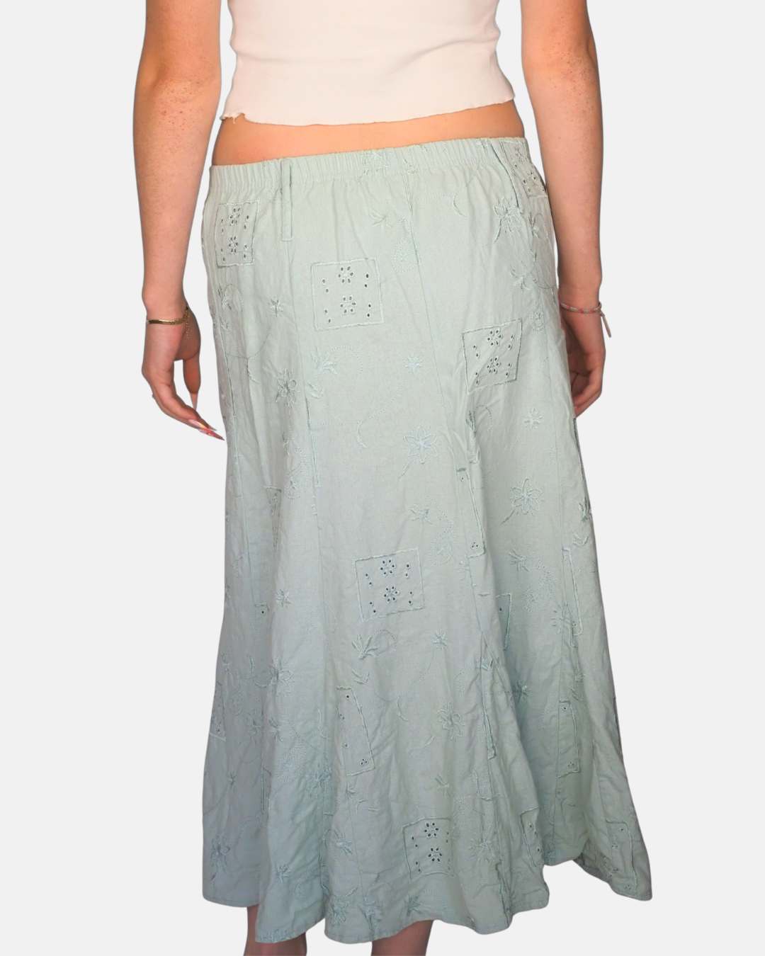 Sage Green Embroidered Boho Maxi Skirt
