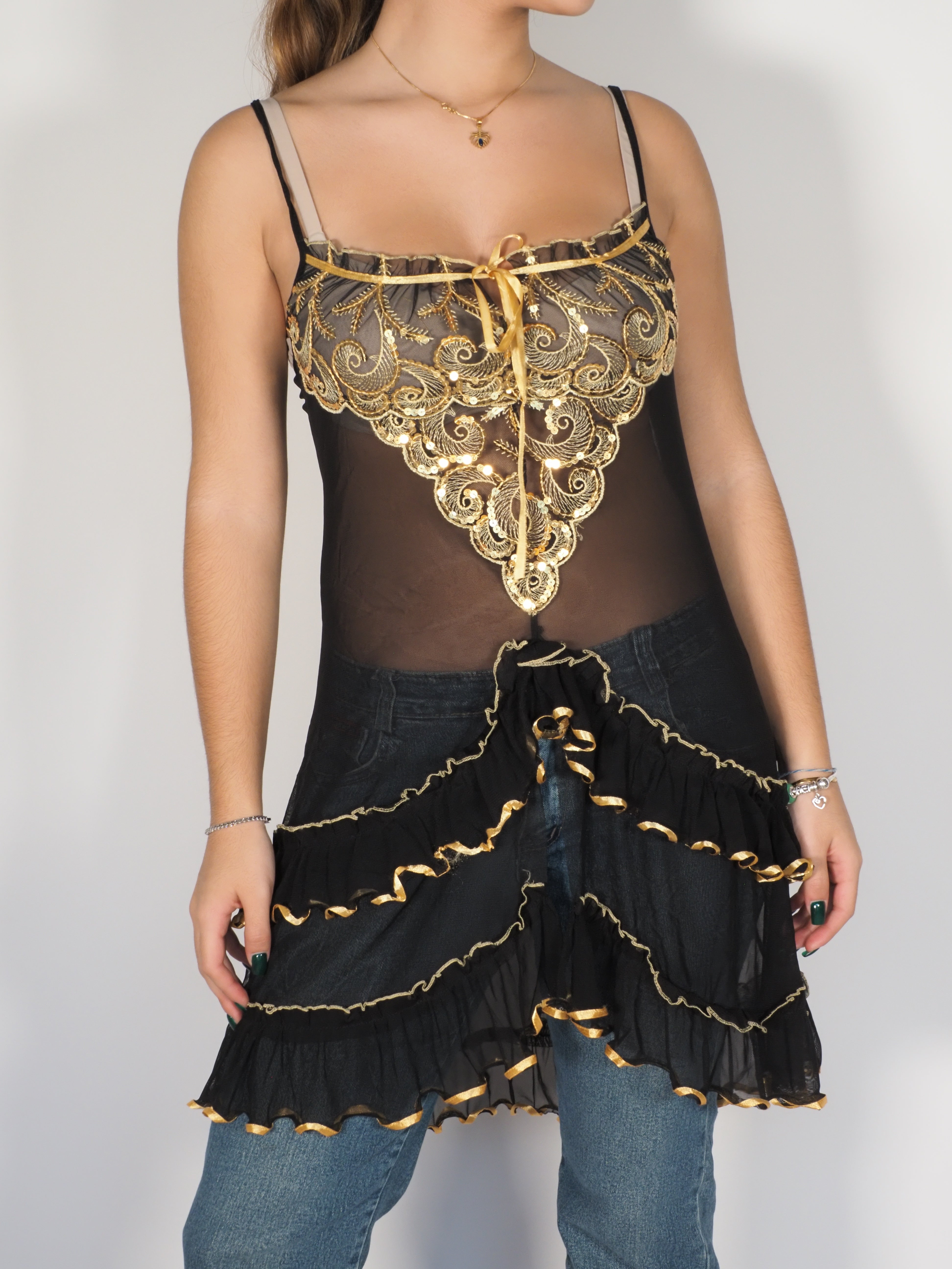 Gold Ruffle Sheer Lingerie Dress
