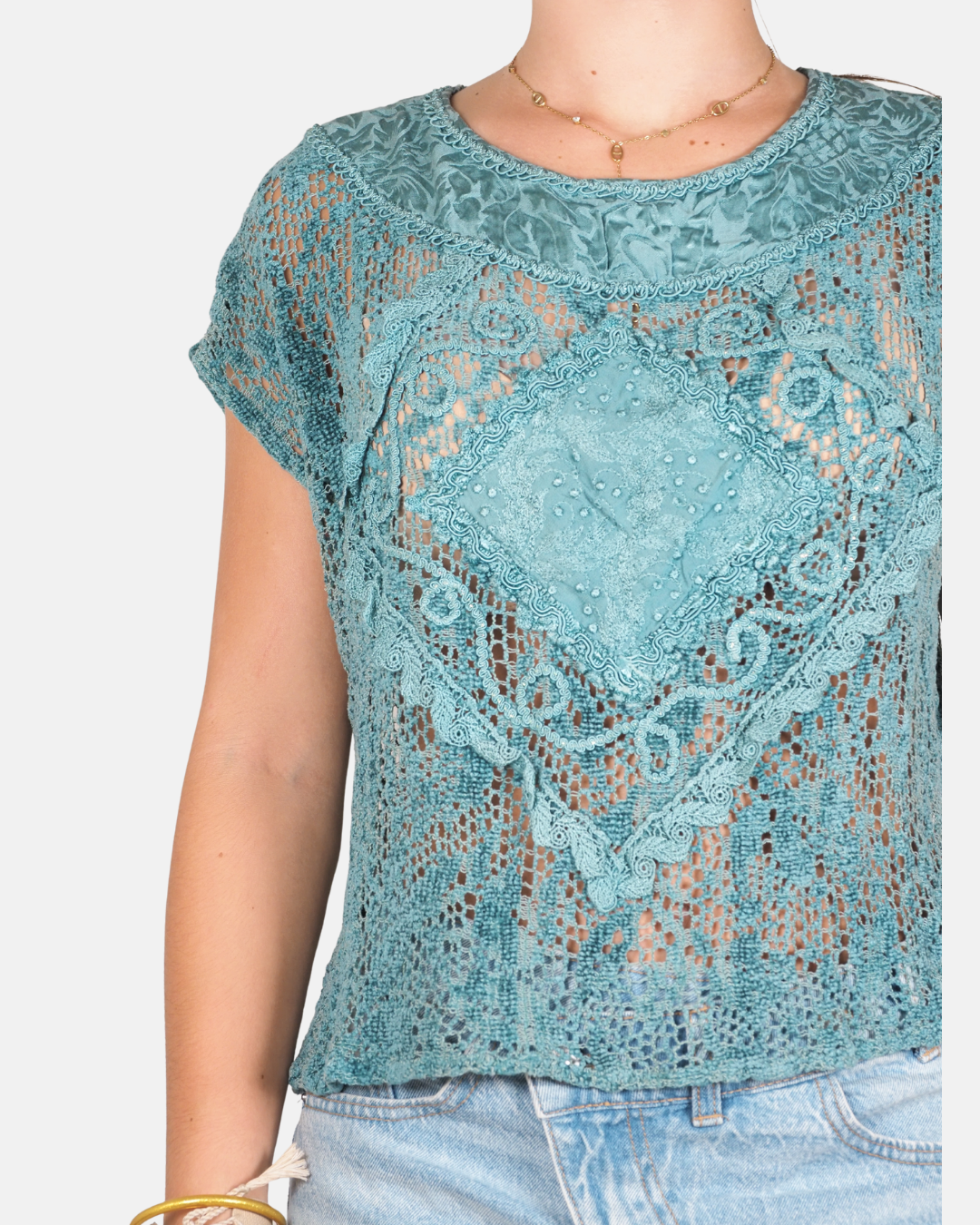 Teal Crochet Lace Appliqué Top