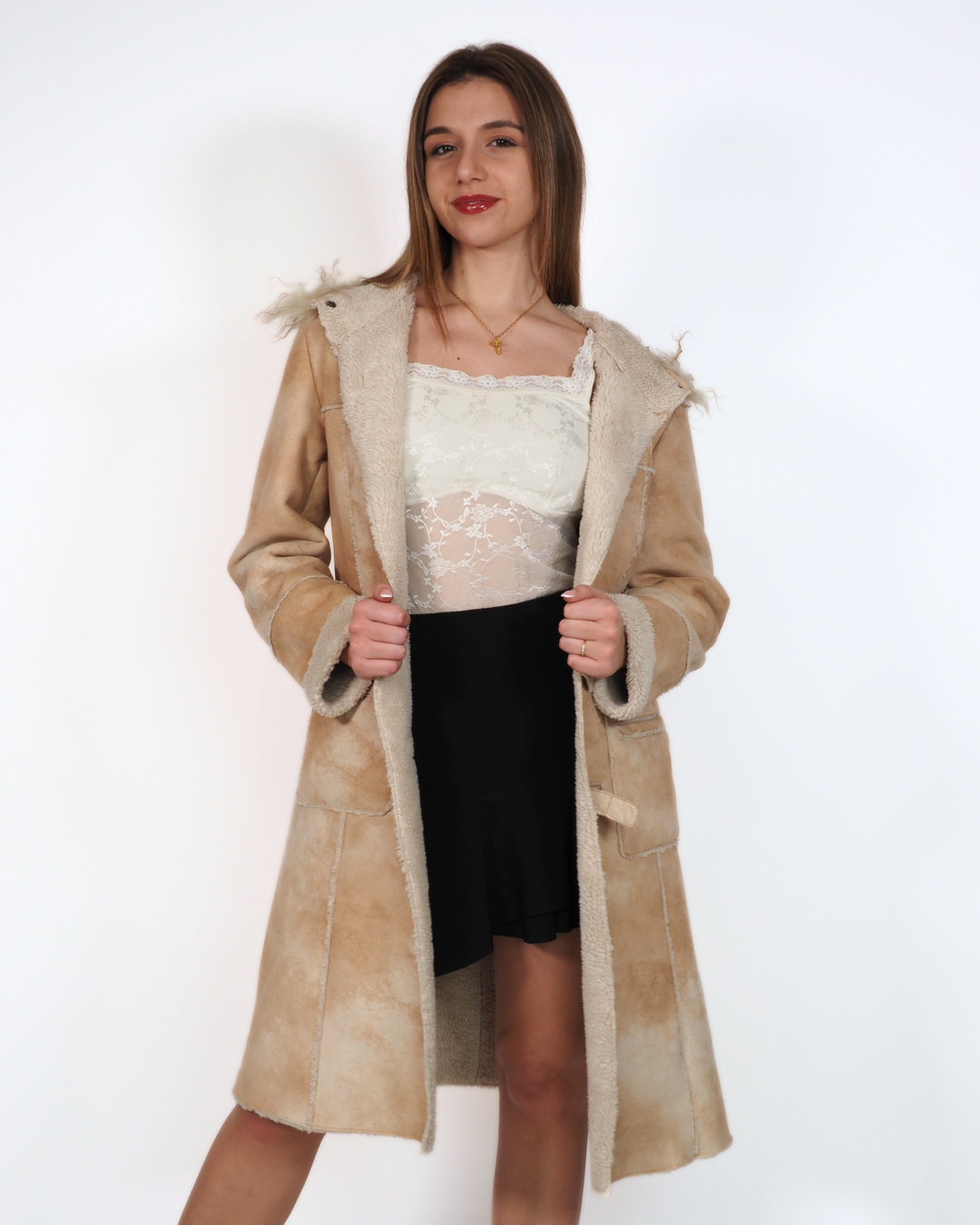 Vintage Conbipel Beige Suede Shearling Coat in Mid-Length