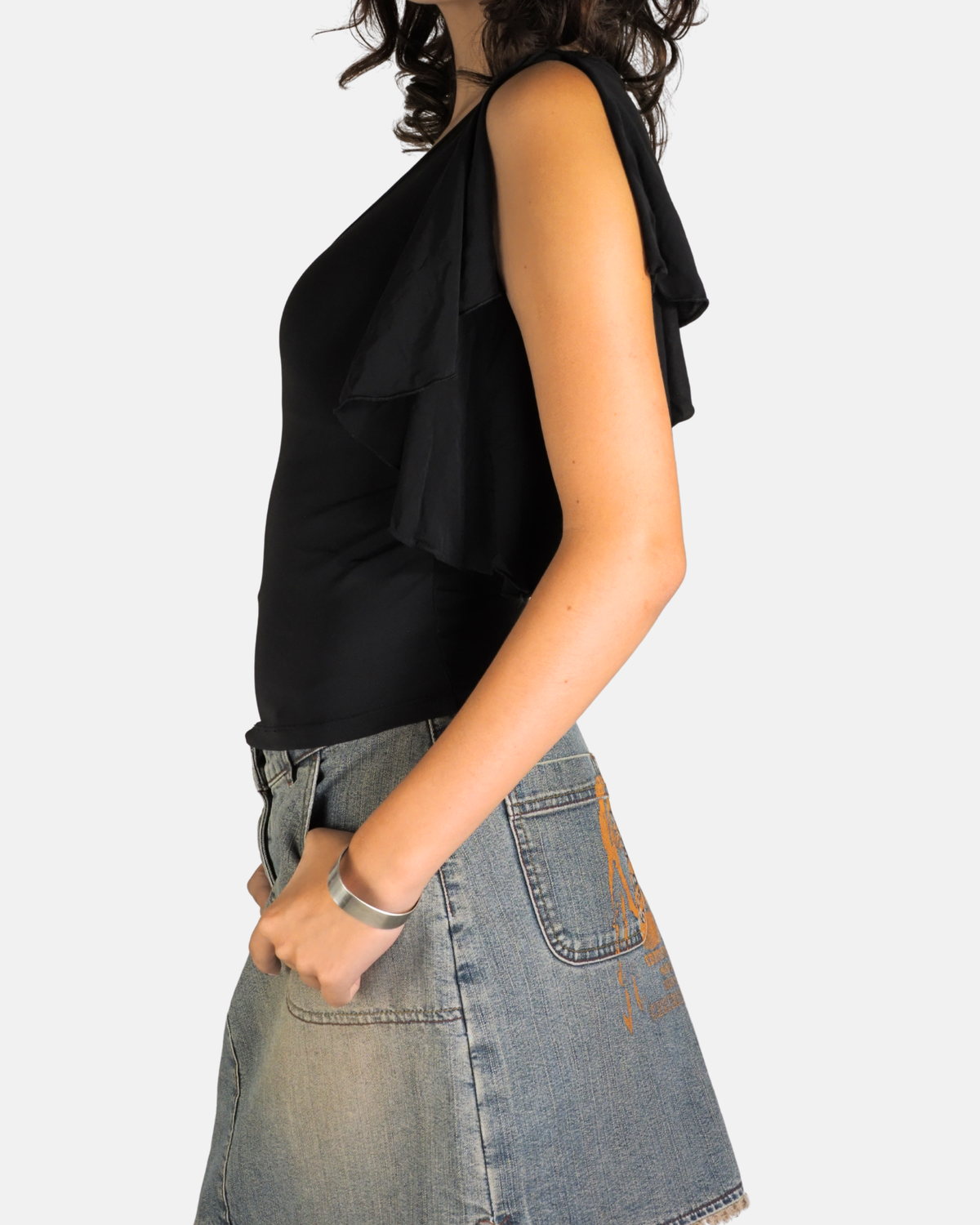 Y2K Black Asymmetric Flutter Sleeve Top - Roccobarocco
