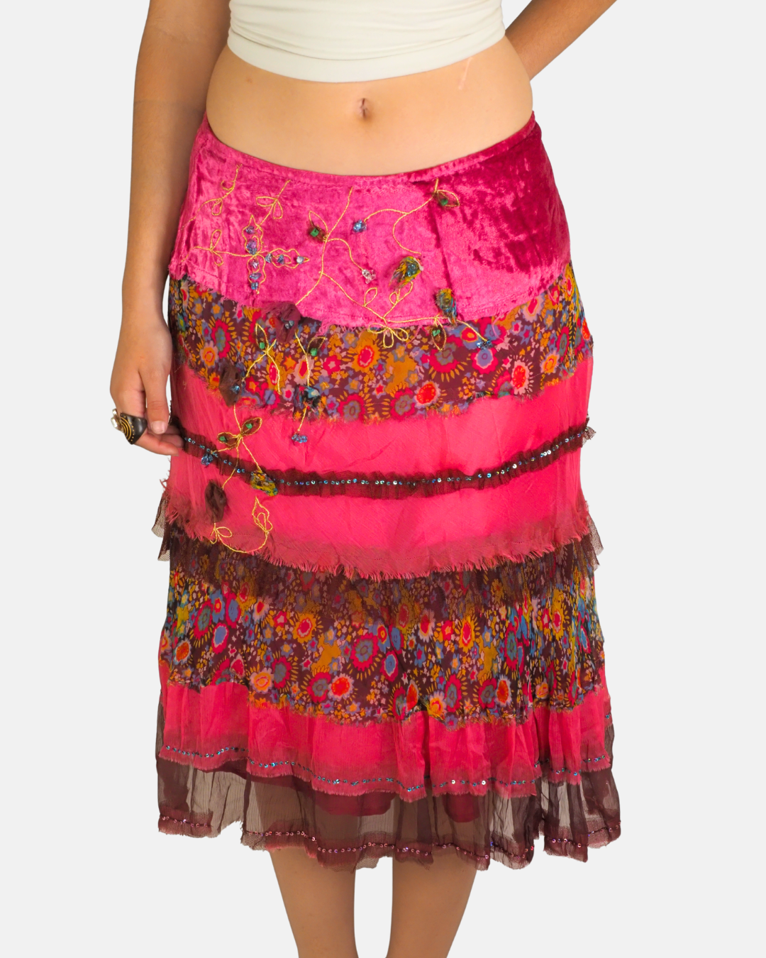 Pink Floral Embellished Tiered Skirt - EXTYN