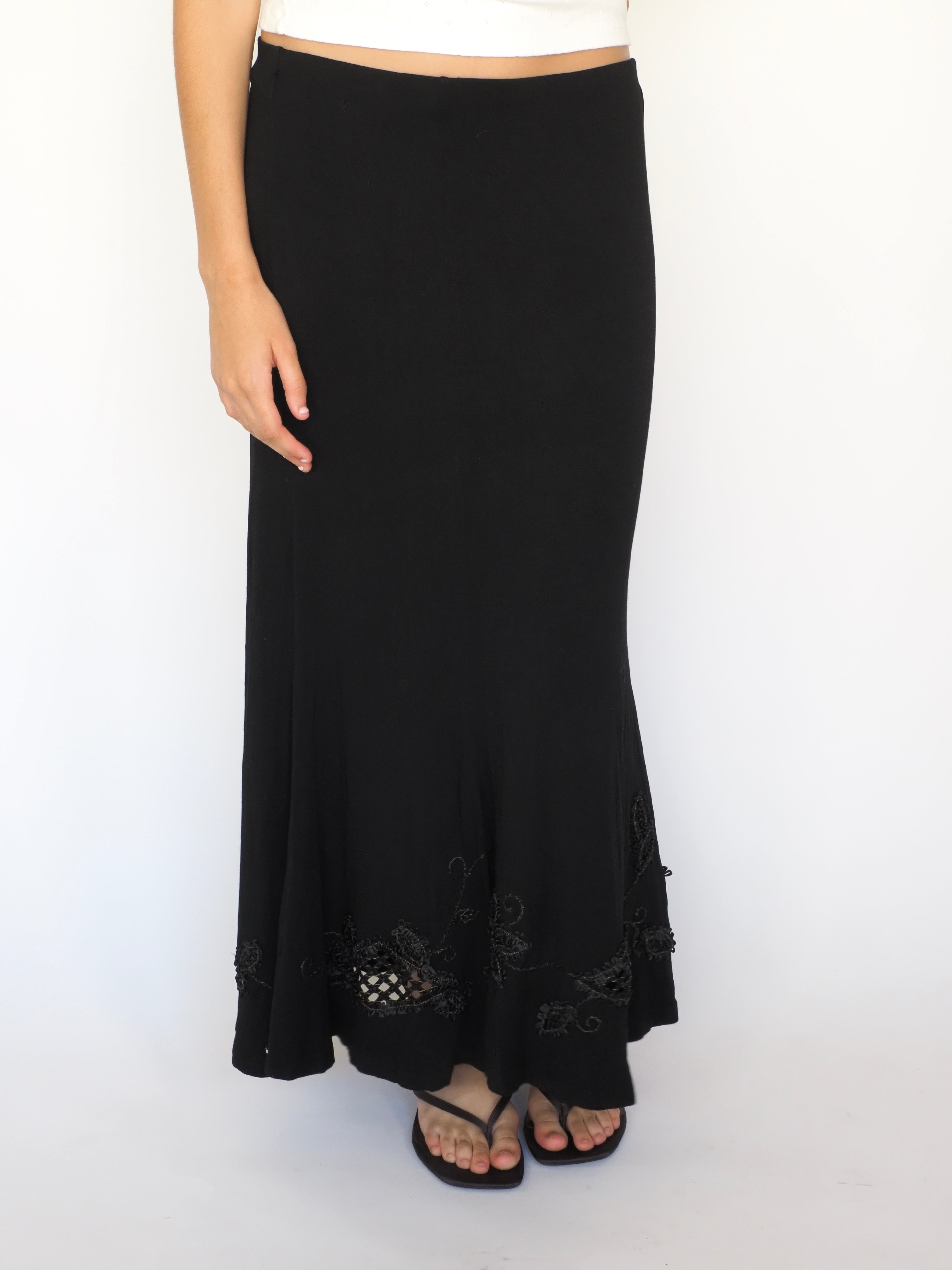 Black Bias-Cut Maxi Skirt with Beaded Hem & Lace Insets