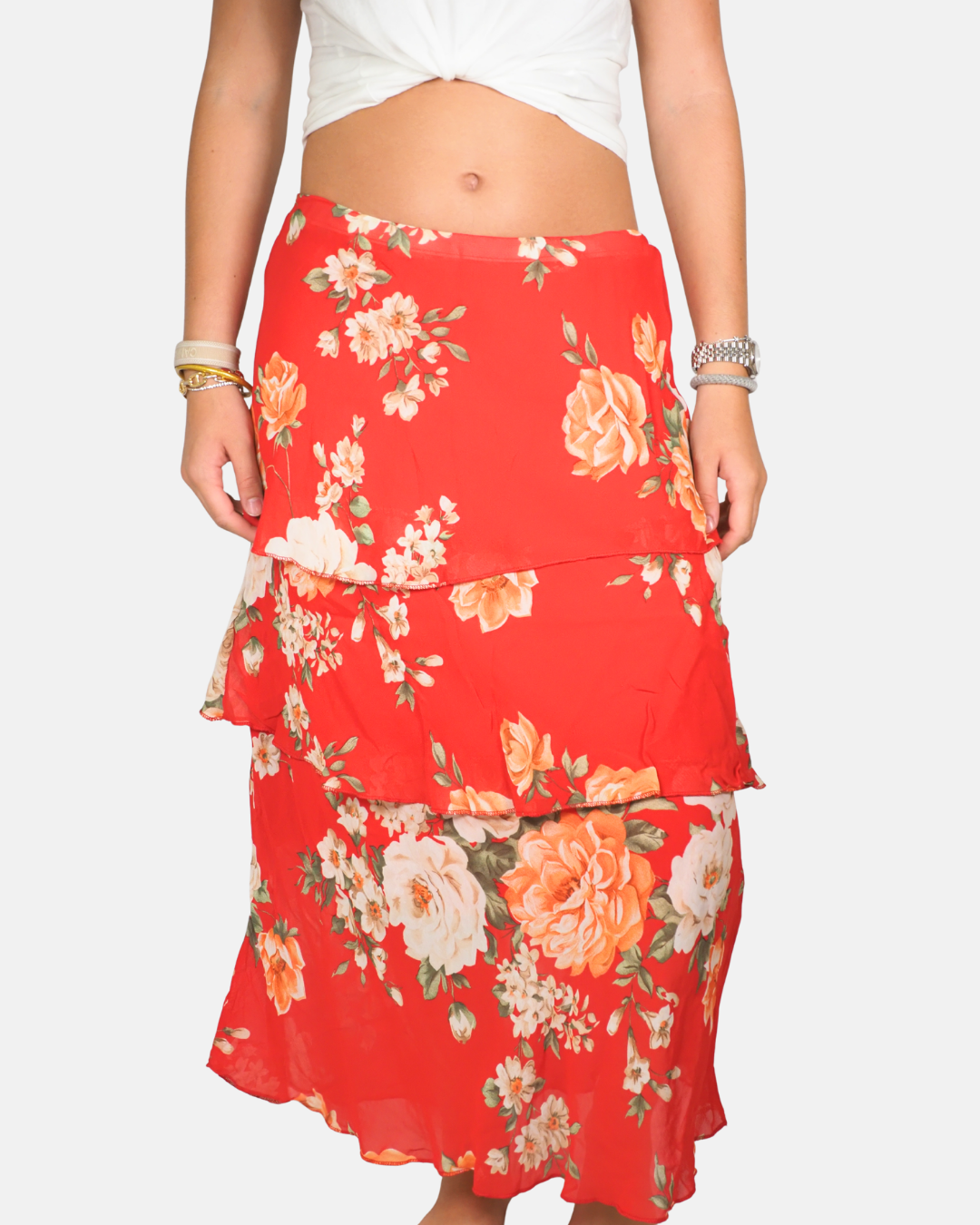 Red Floral Tiered Ruffle Maxi Skirt