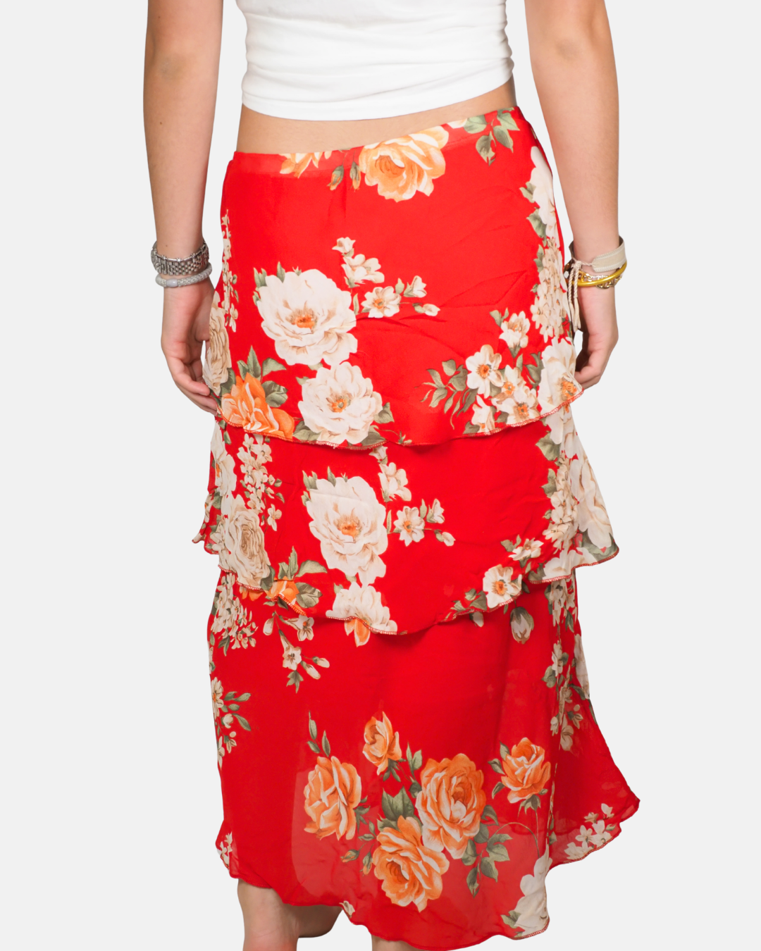 Red Floral Tiered Ruffle Maxi Skirt