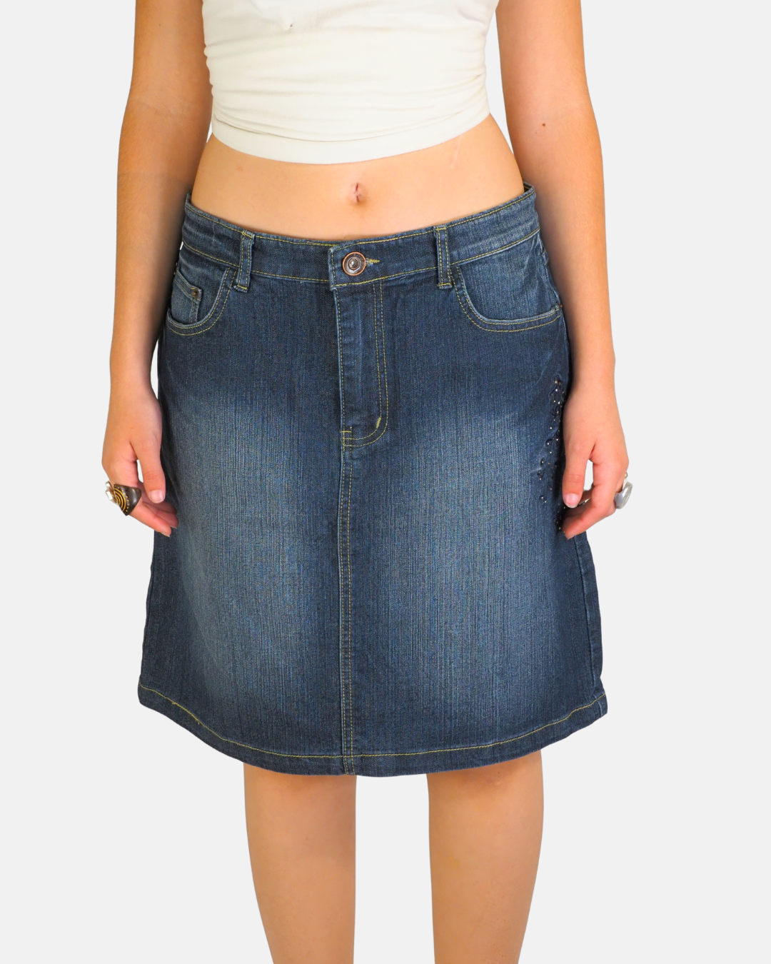 Blue Embroidered Rhinestone Denim Skirt - RE&X