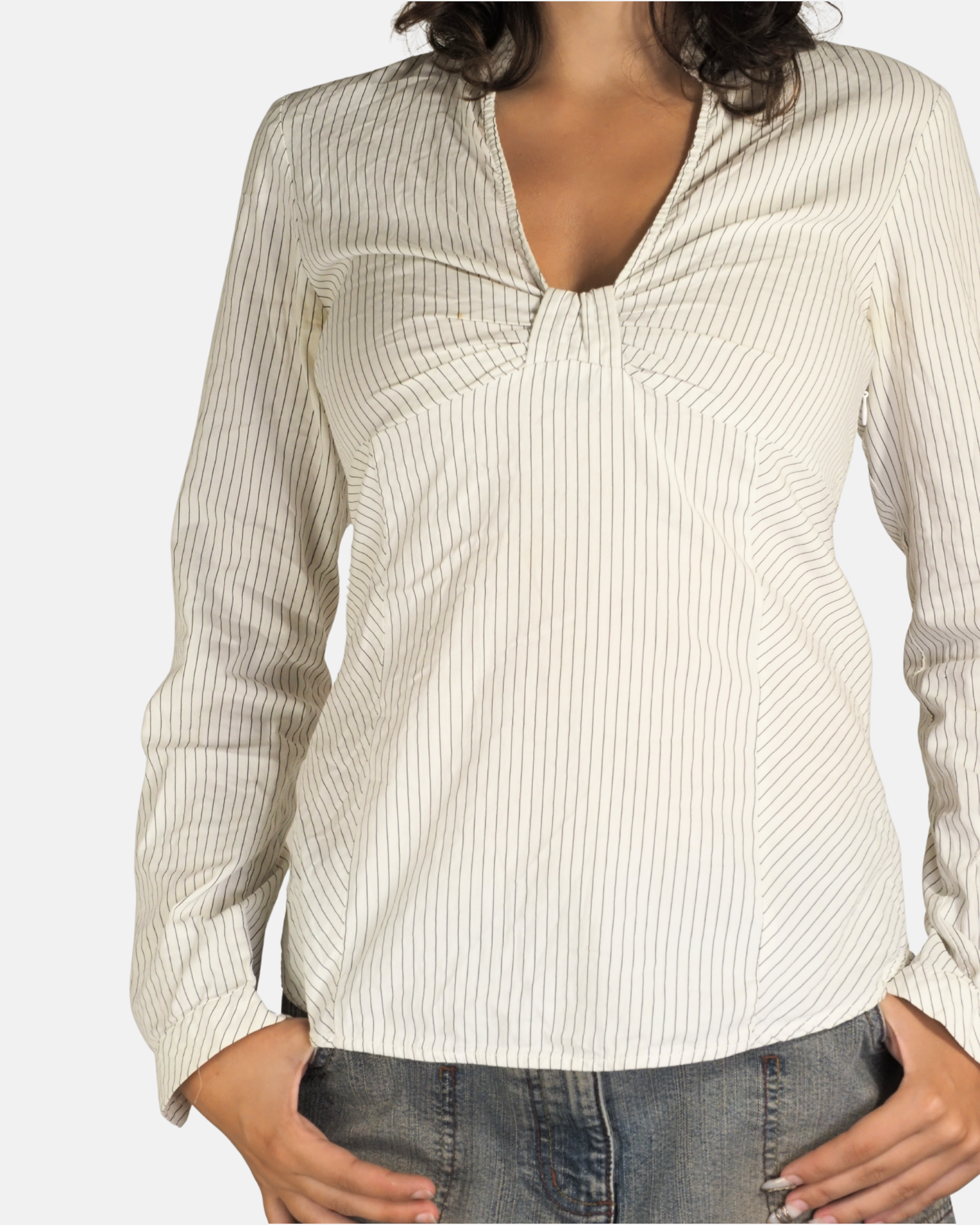 Y2K Ivory Pinstripe Ruched V-Neck Blouse - Zara