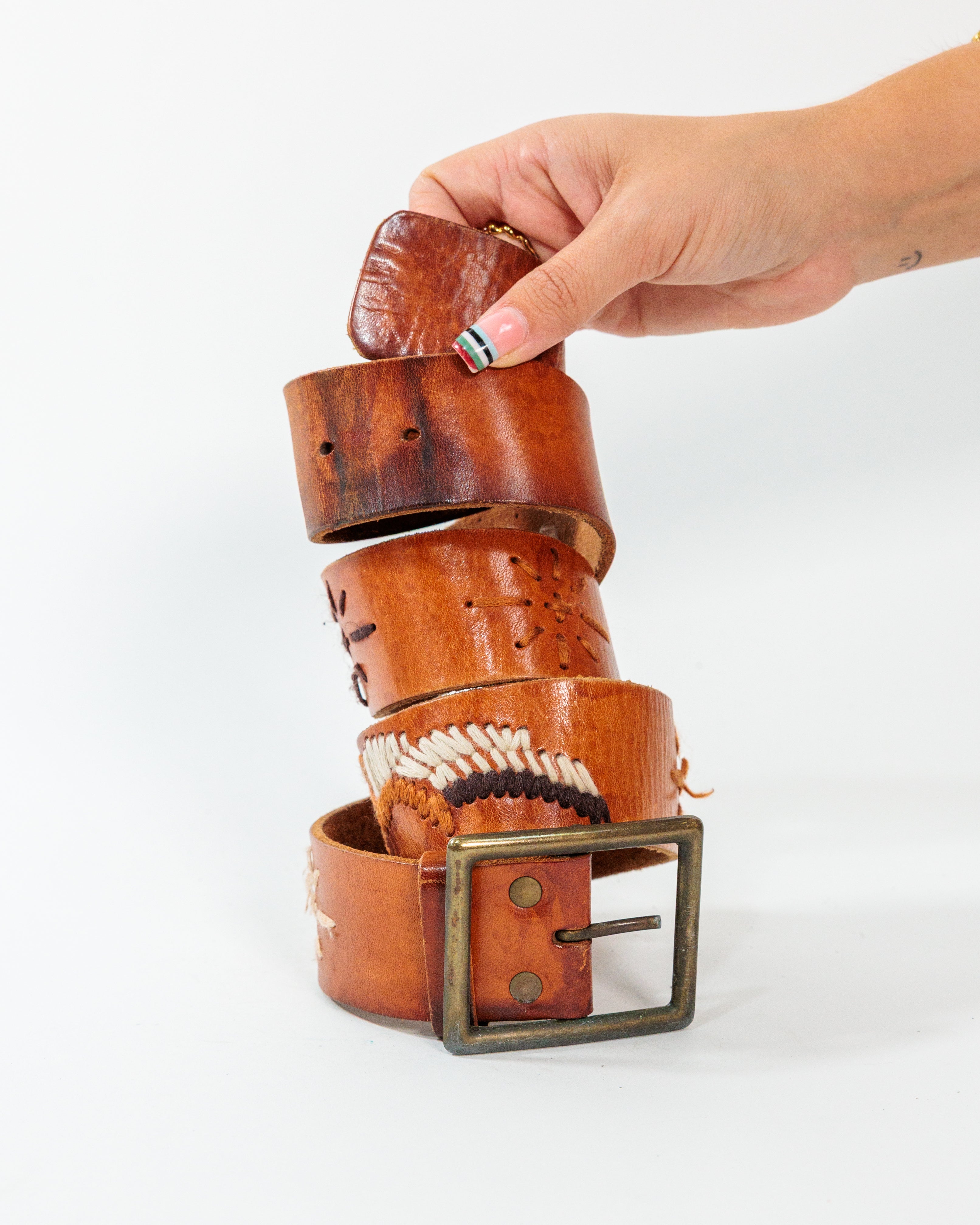 Brown Embroidered Leather Belt