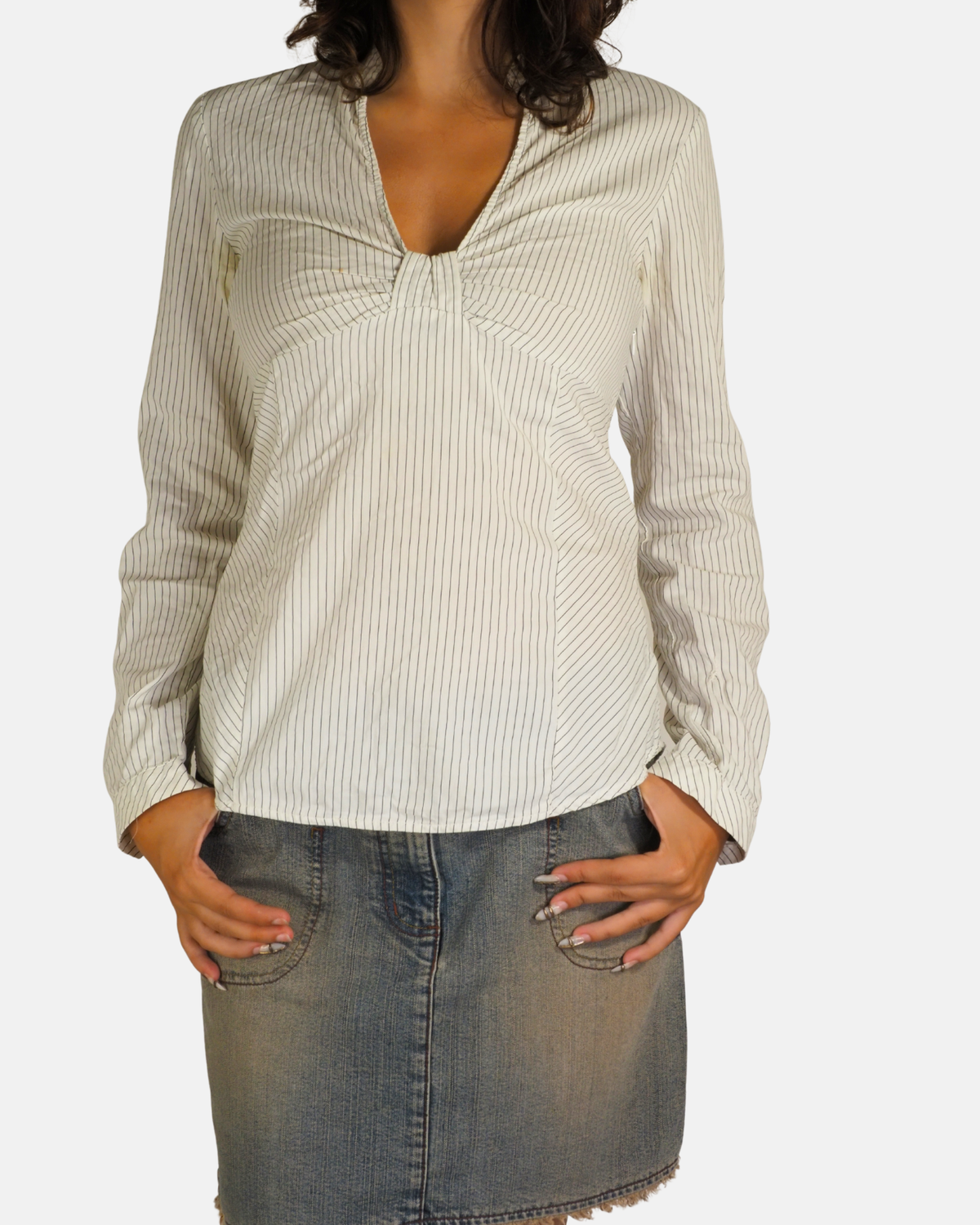 Y2K Ivory Pinstripe Ruched V-Neck Blouse - Zara
