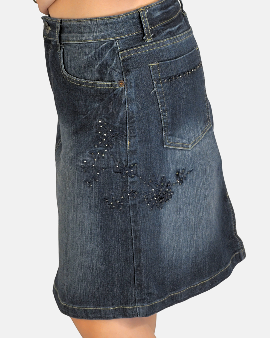 Blue Embroidered Rhinestone Denim Skirt - RE&X