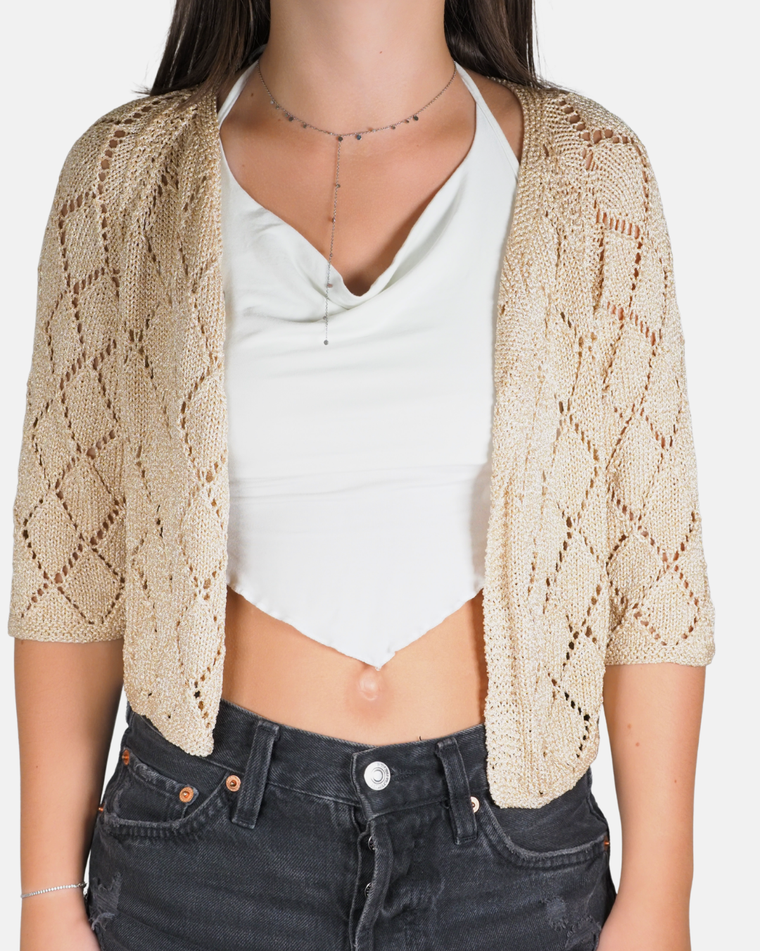 Champagne Metallic Open-Knit Cropped Cardigan