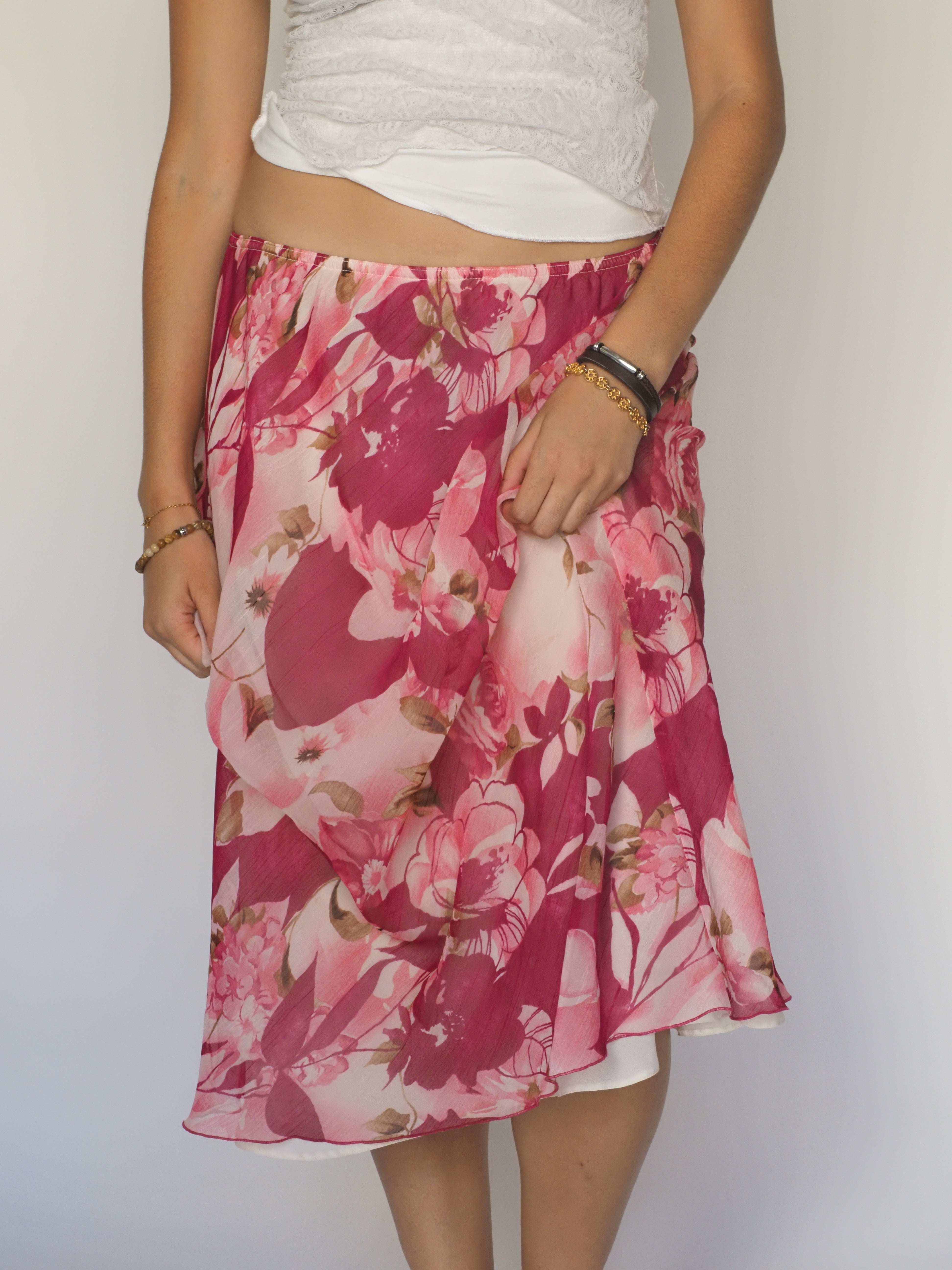 Pink & White Floral Chiffon Midi Skirt – Roman Originals