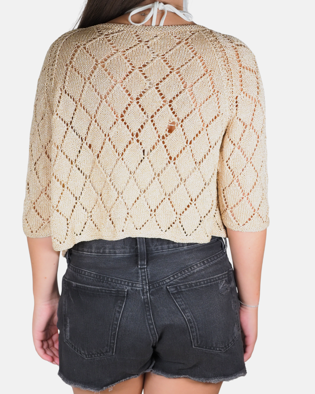 Champagne Metallic Open-Knit Cropped Cardigan