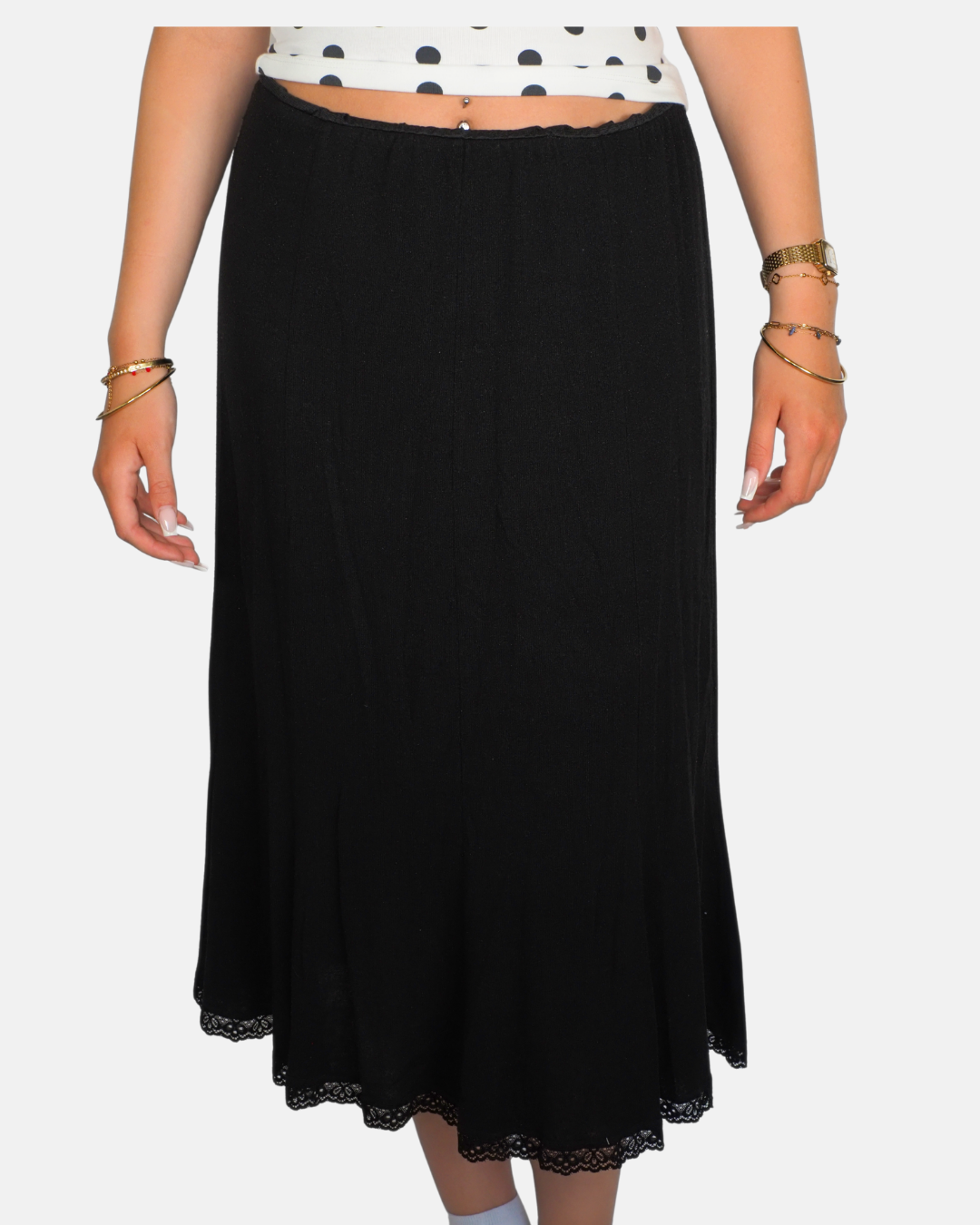 Black Lace Trim Bias-Cut Midi Skirt