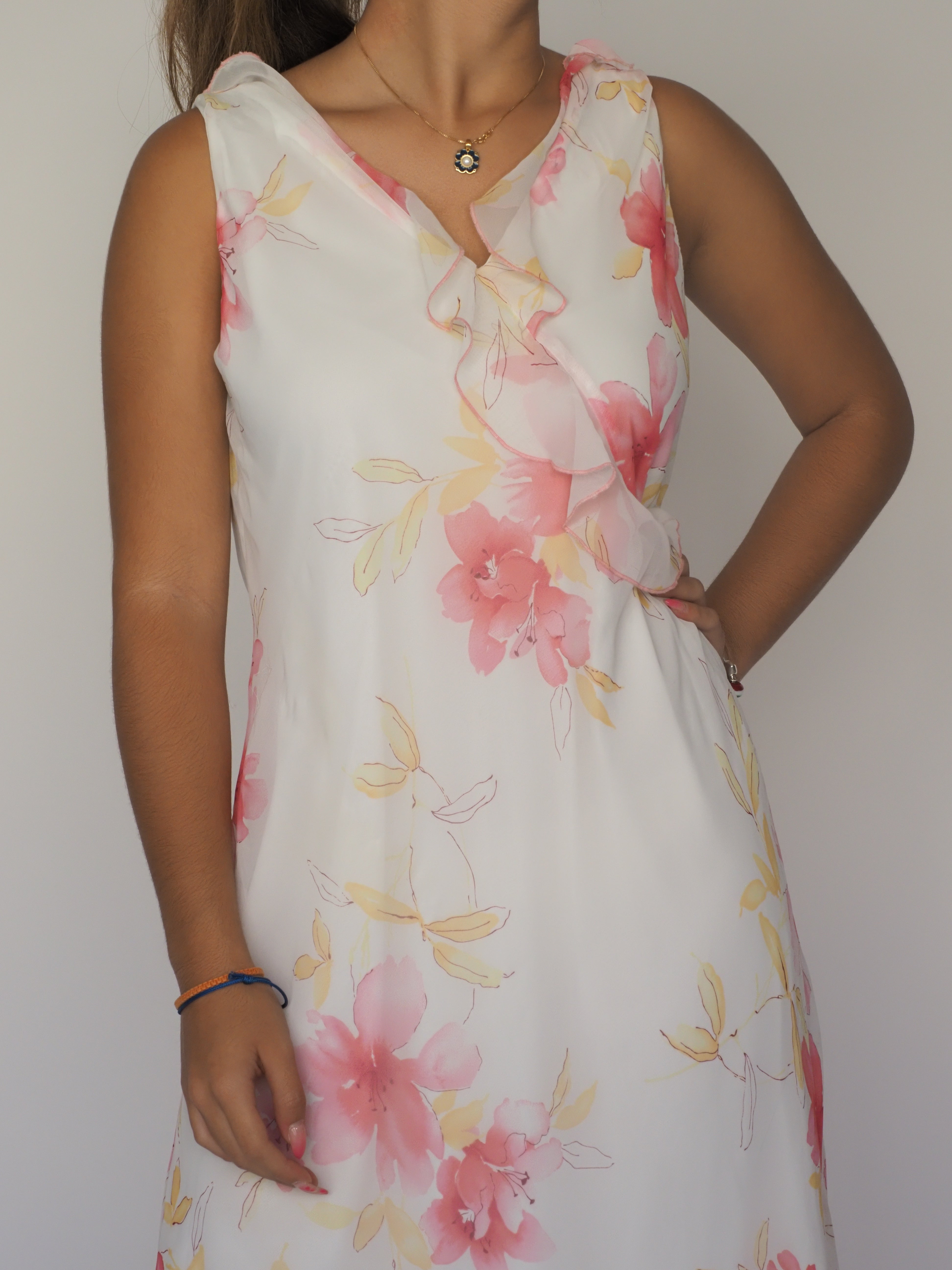 Vintage Floral Chiffon Midi Dress – Studio Y – White & Pink