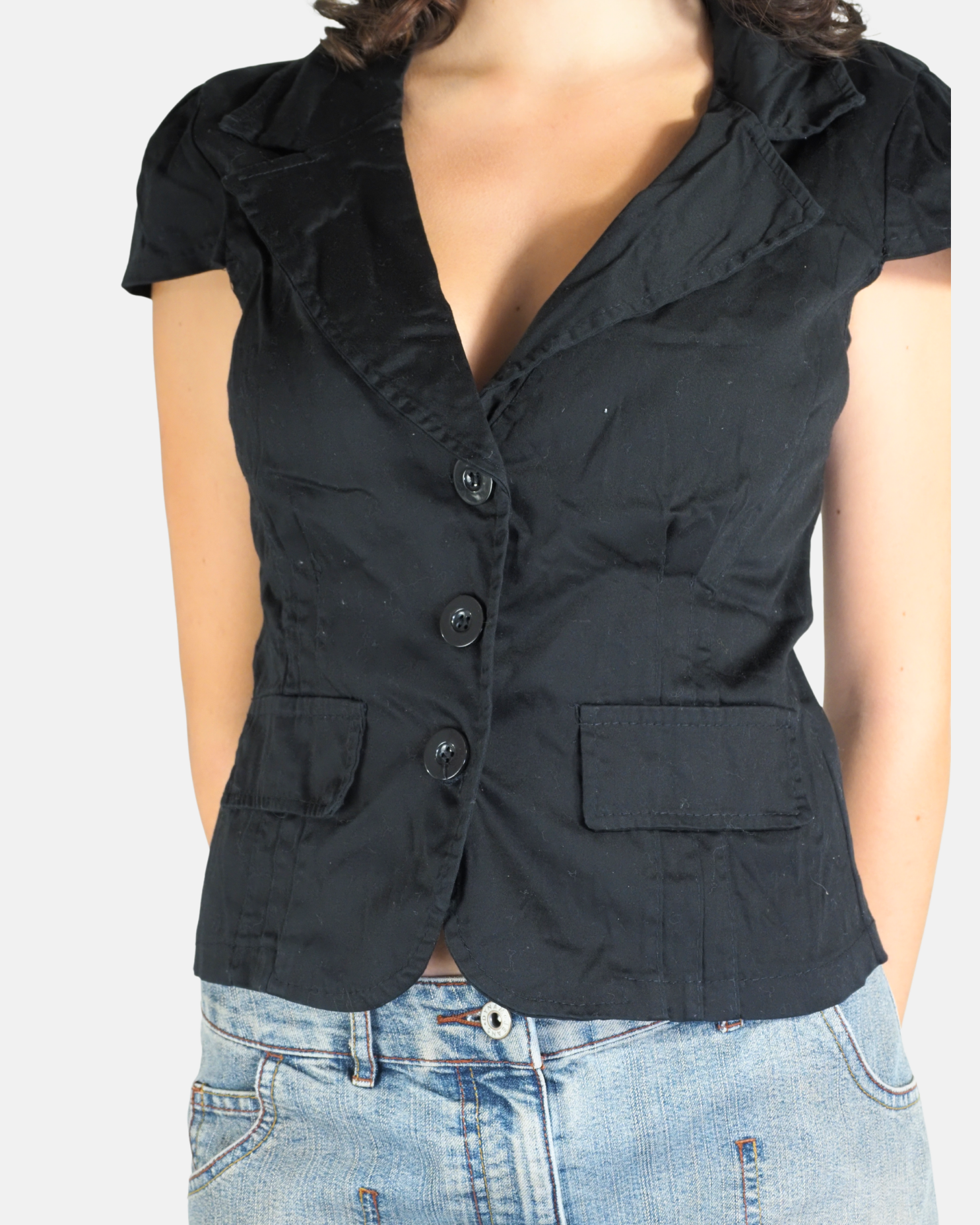 Black Fitted Short Sleeve Blazer Top