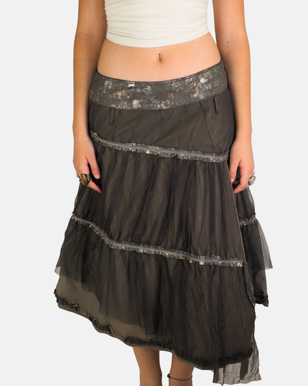Brown Embellished Tulle Asymmetric Skirt - Oriettallecri