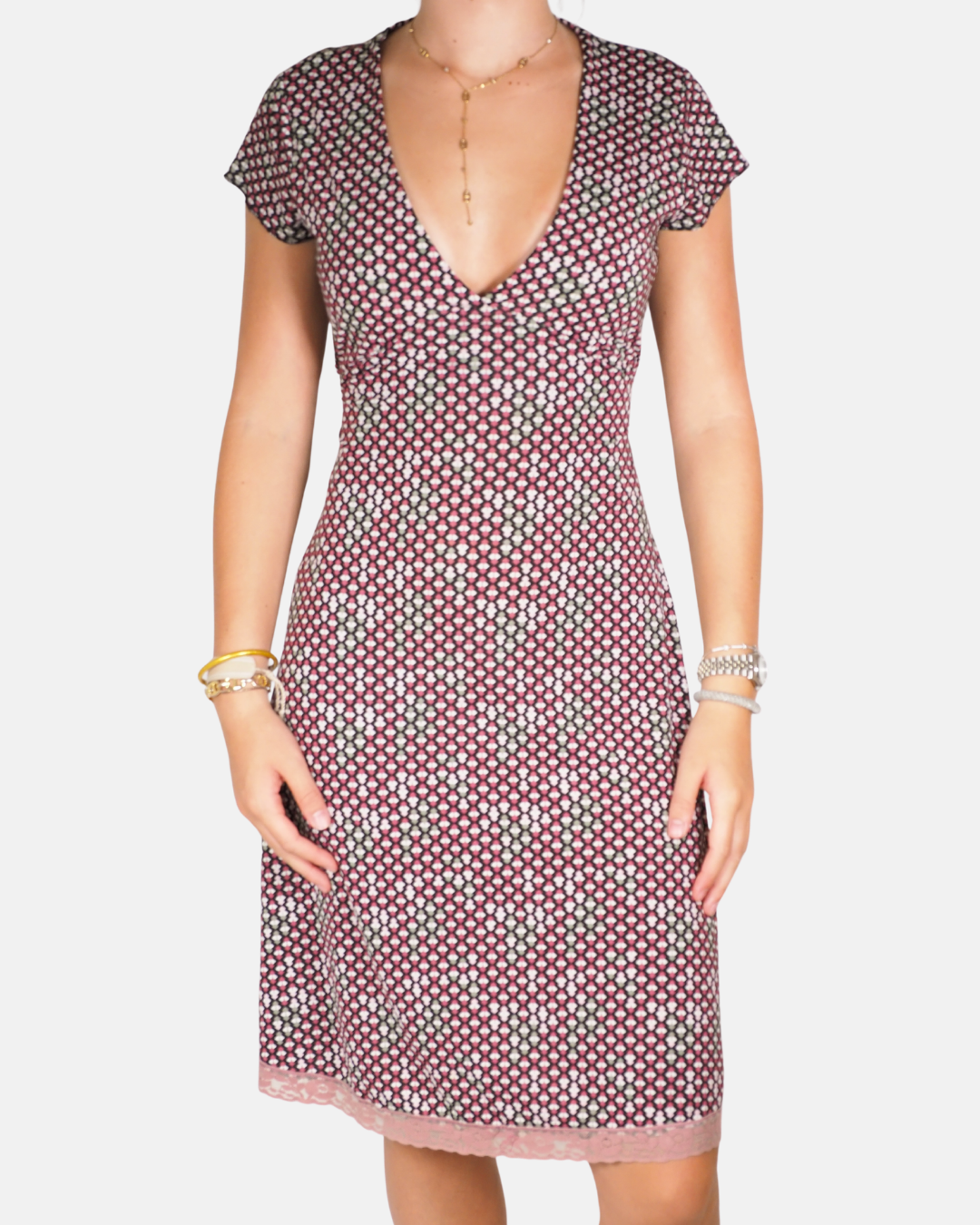 Pink & Black Ditsy Floral Lace Hem Midi Dress