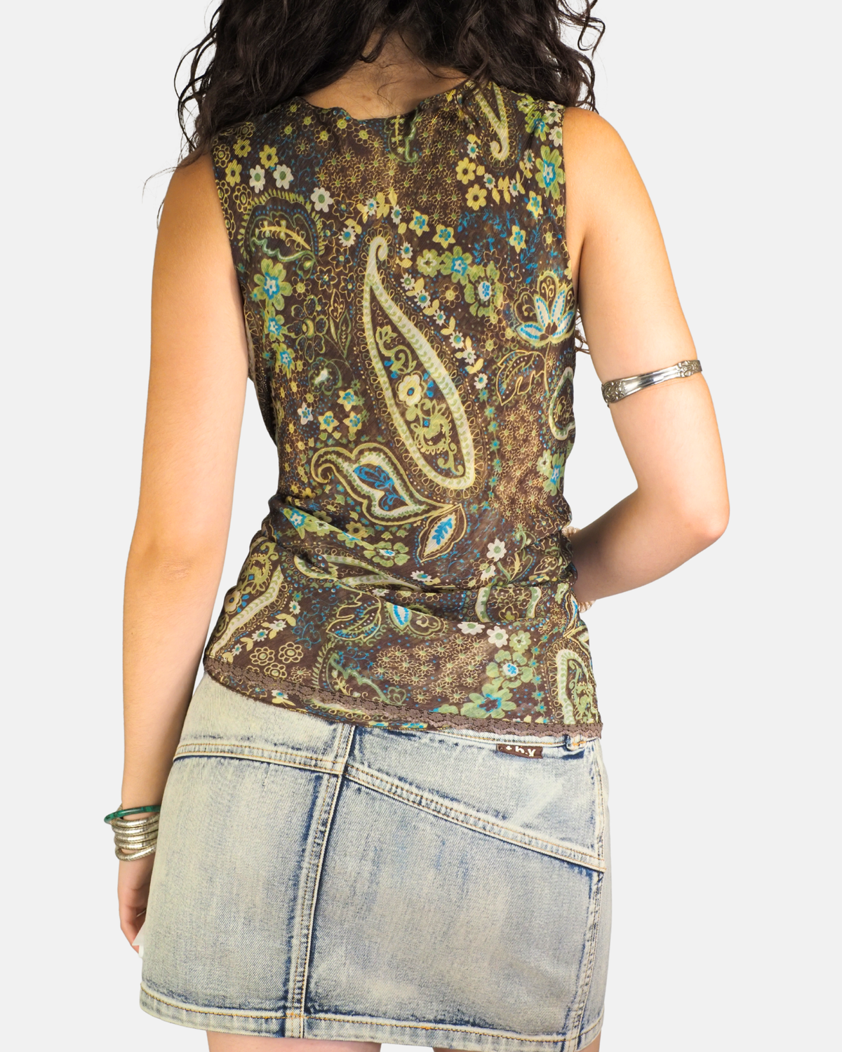 Y2K Brown Paisley Mesh V-Neck Top - Biaggini