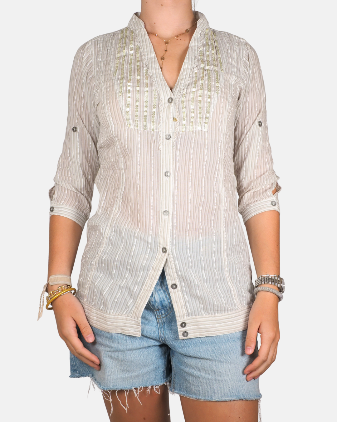 Sequin Pinstripe Roll-Sleeve Shirt - BSK