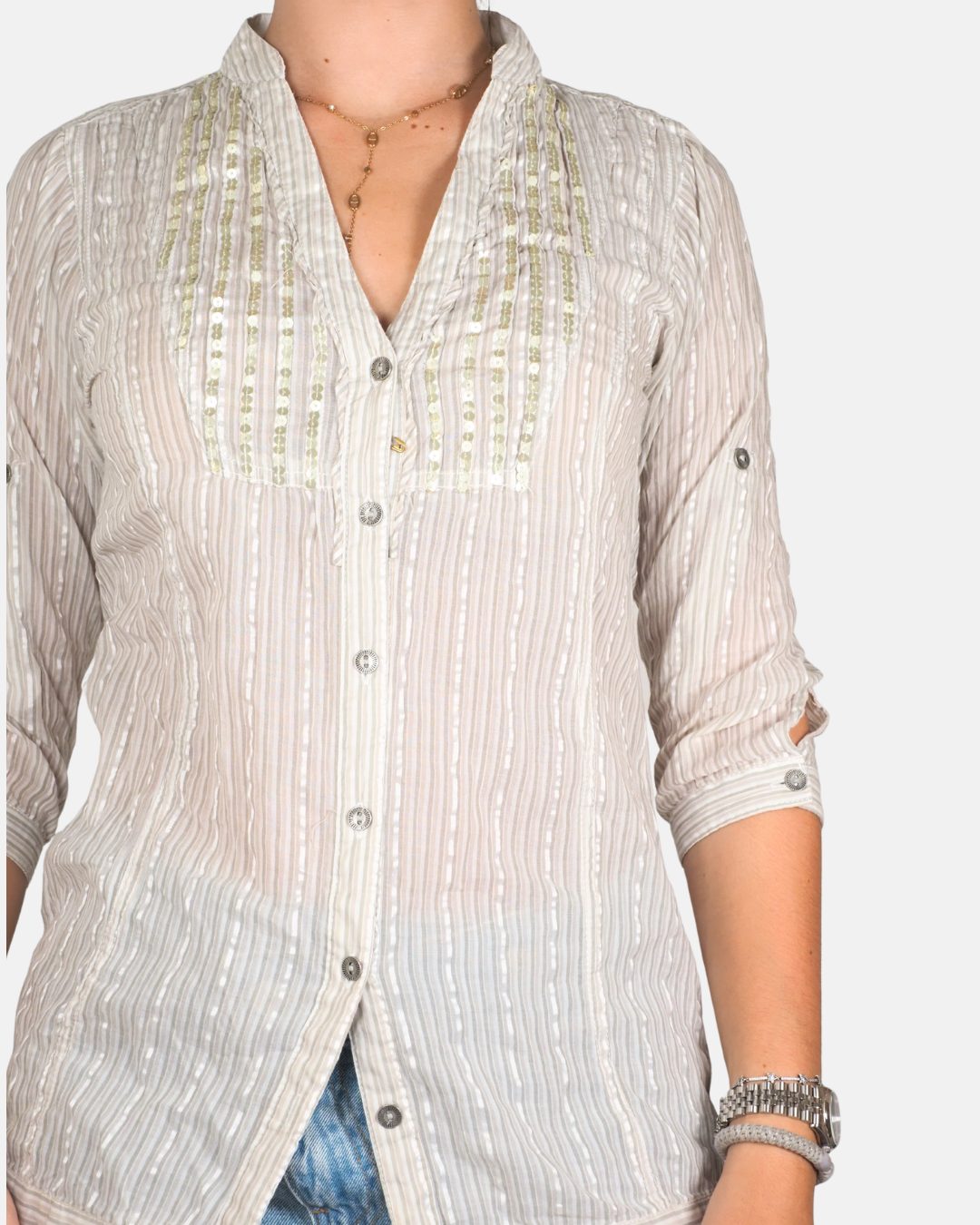 Sequin Pinstripe Roll-Sleeve Shirt - BSK