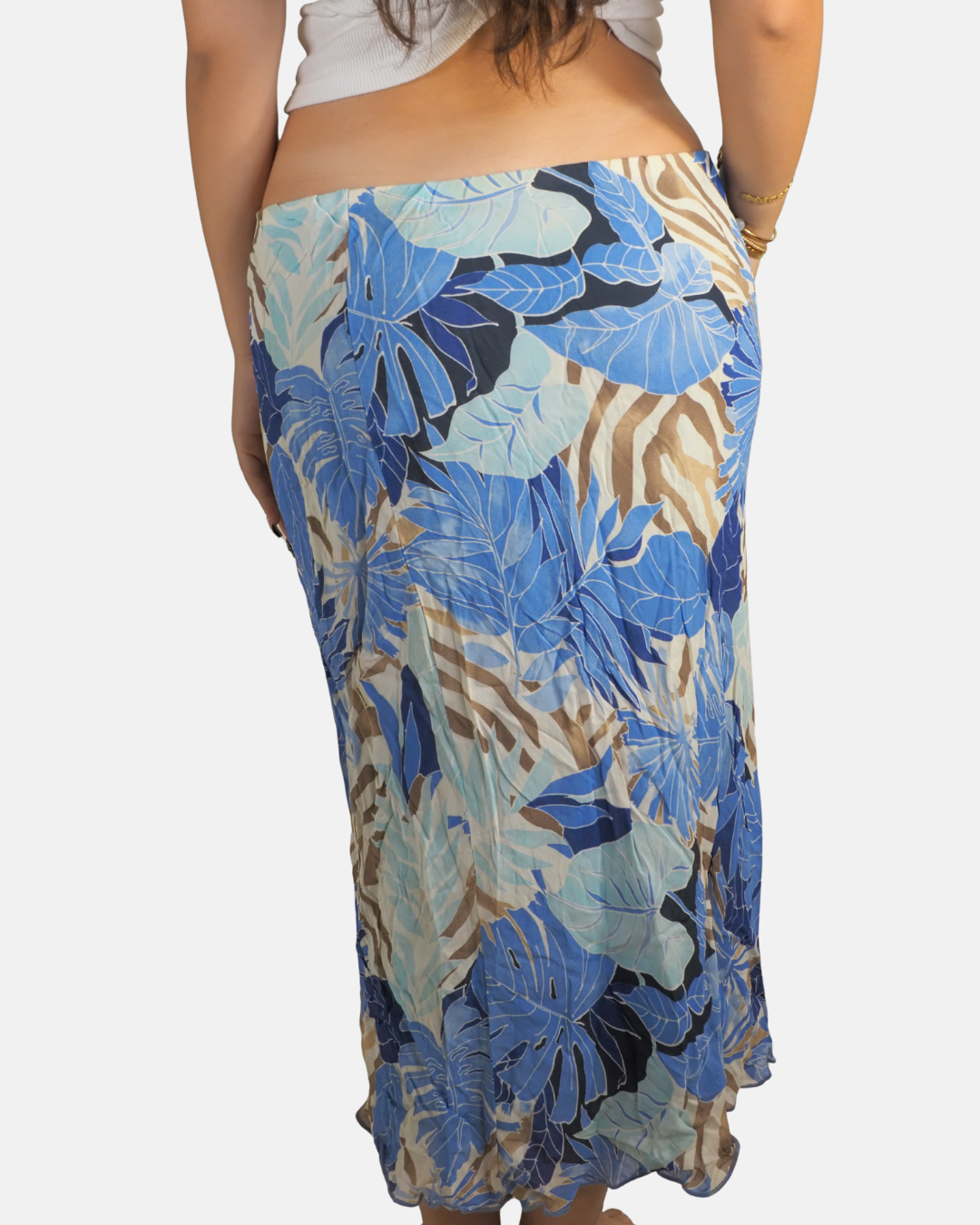 Blue Tropical Leaf Low-Rise Midi Skirt
