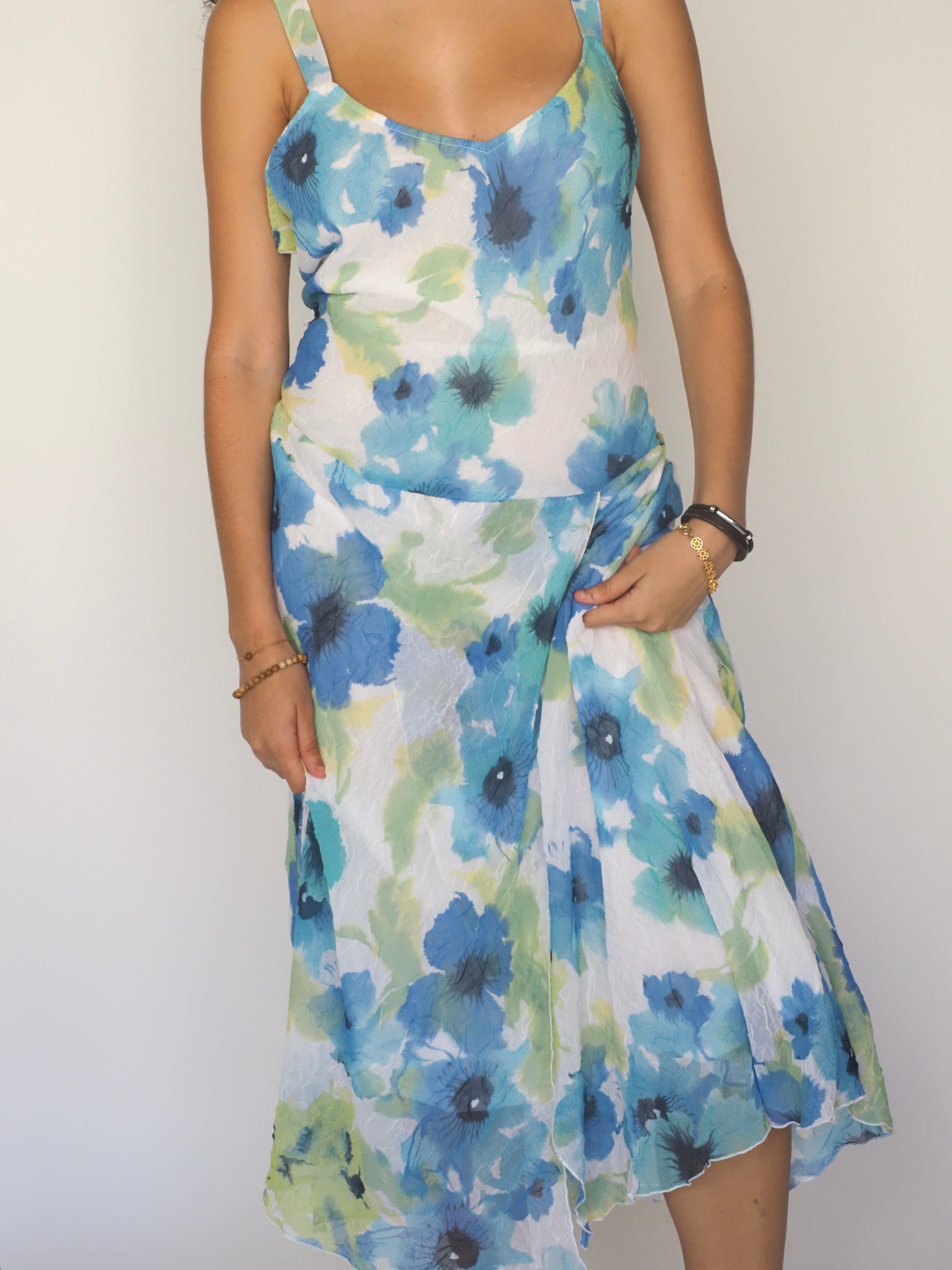 Blue & Green Watercolour Floral Two-Piece Skirt Set – Adini