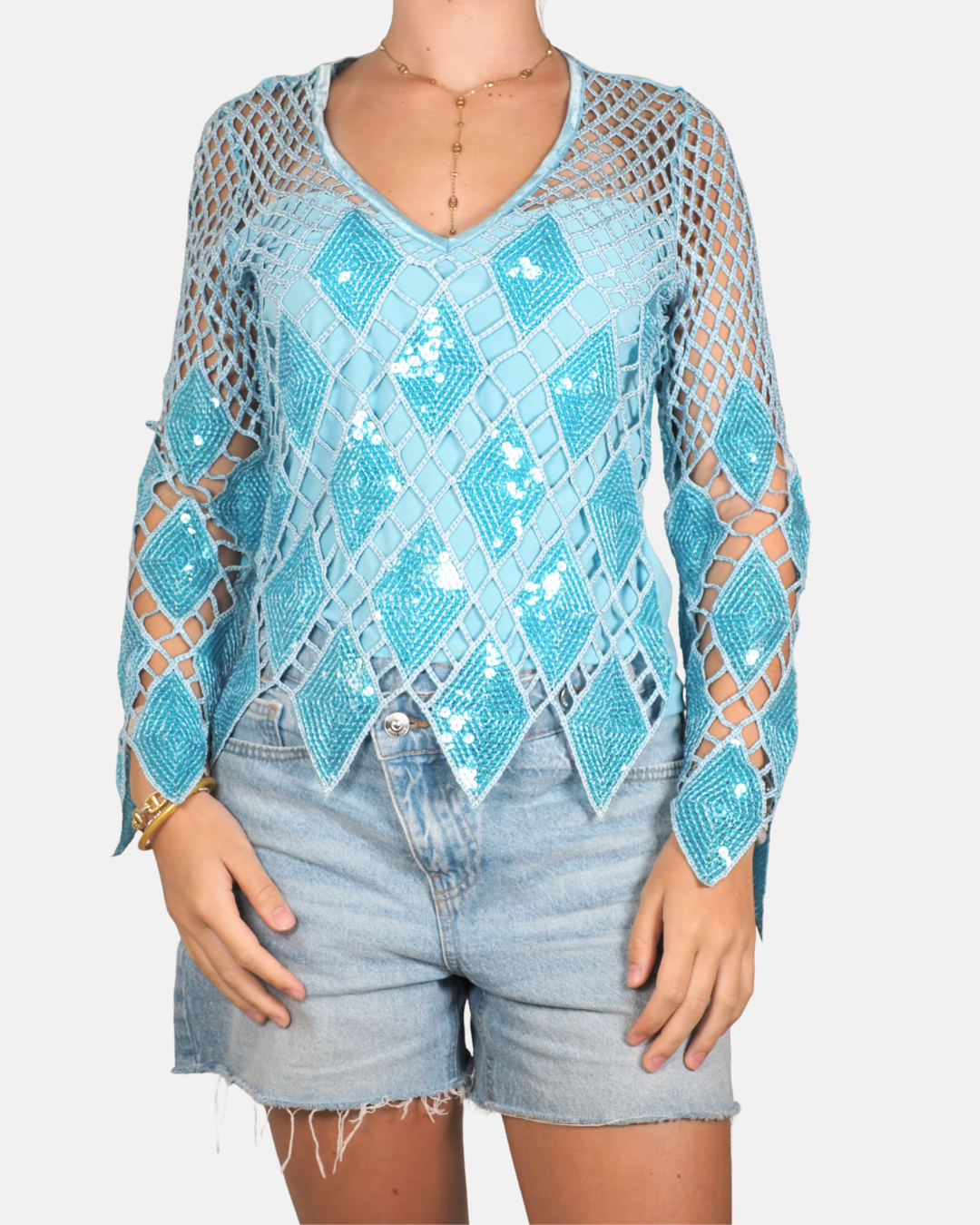 Turquoise Sequin Crochet Top - Sagaie Paris