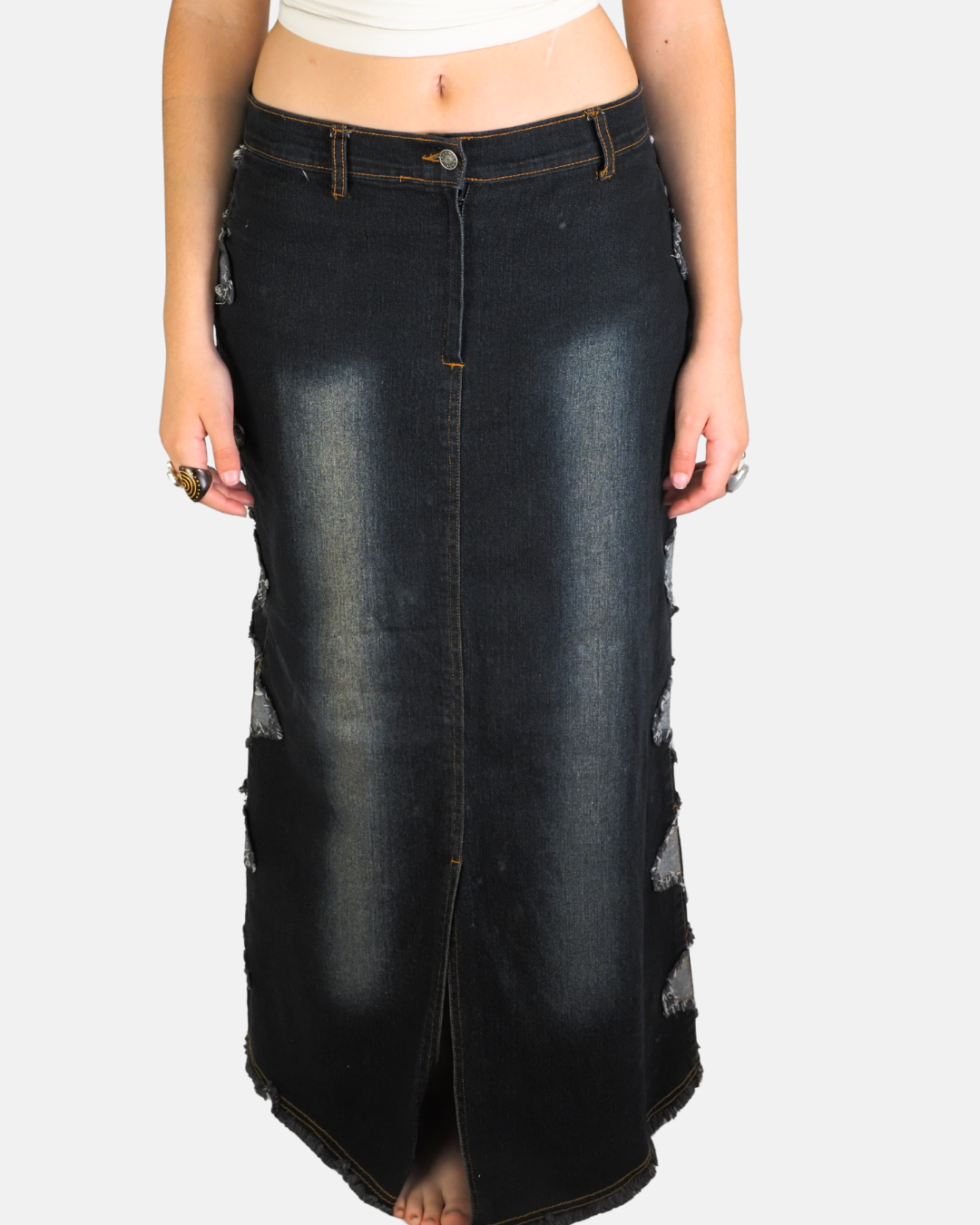Black Distressed Patchwork Denim Maxi Skirt