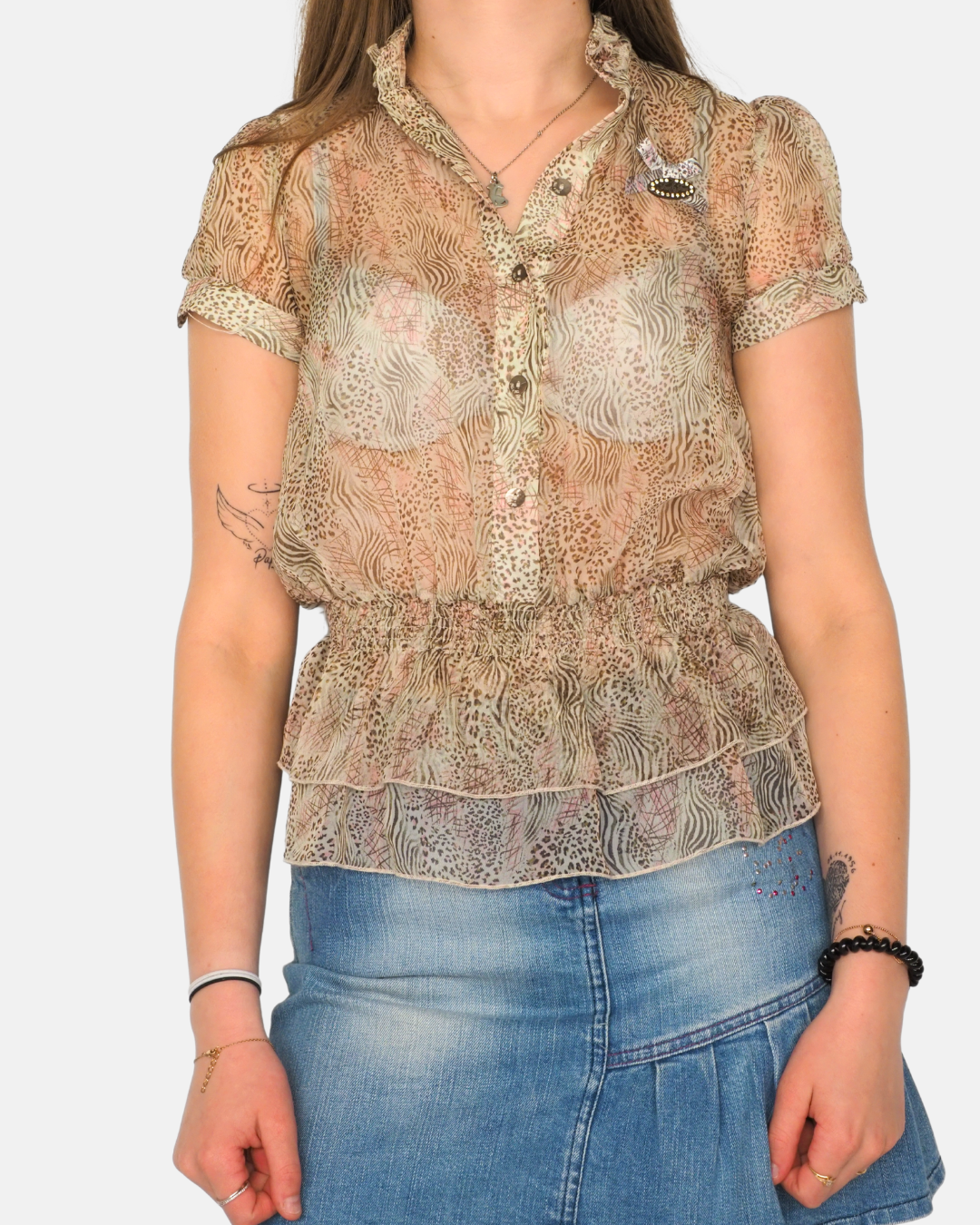 Vintage Sheer Animal Print Ruffle Waist Y2K Blouse
