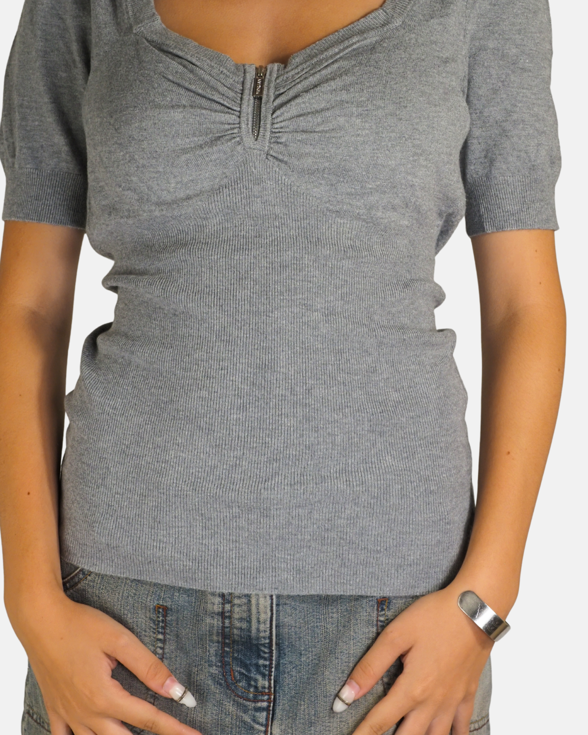 Grey Ruched Zip Knit Top - Morgan