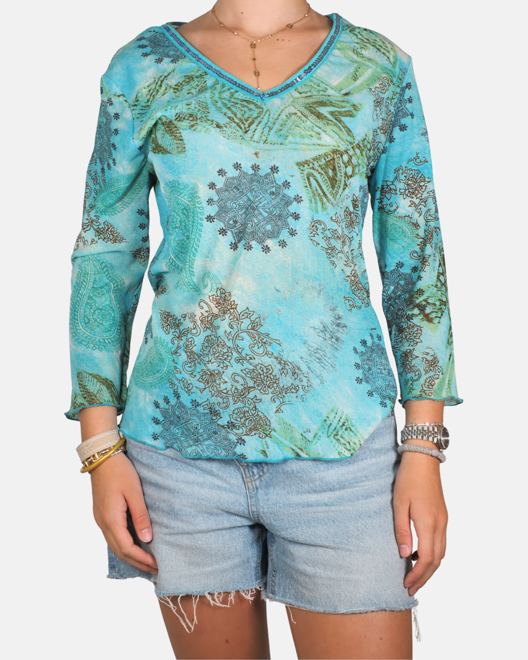 Turquoise Paisley Embellished V-Neck Top