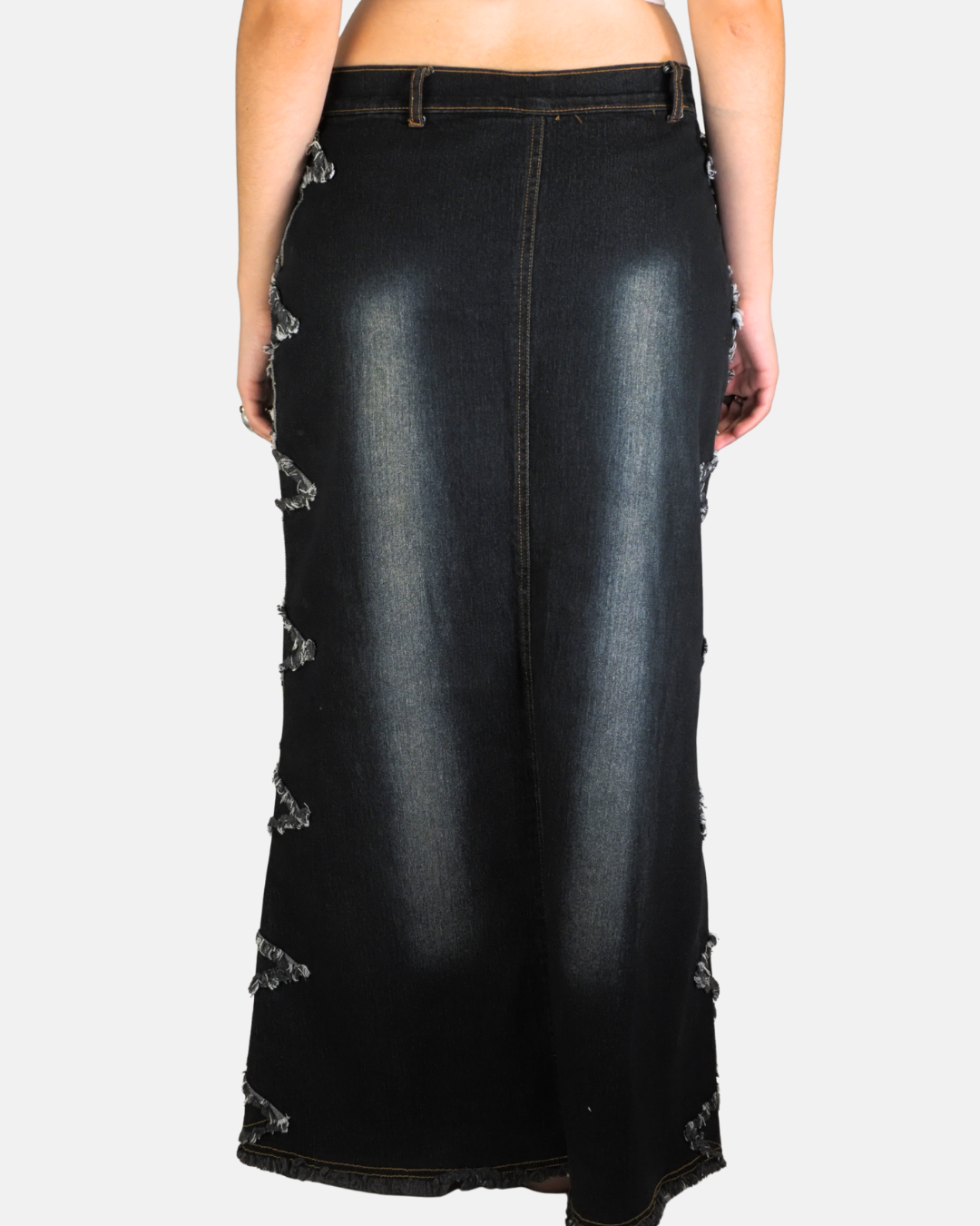 Black Distressed Patchwork Denim Maxi Skirt