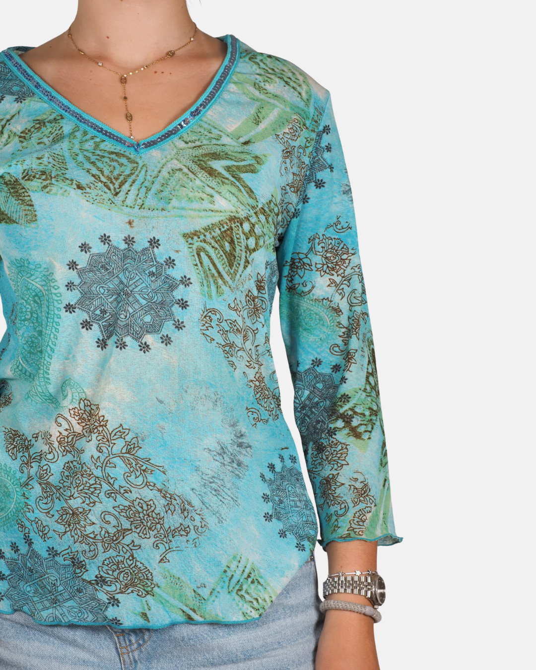 Turquoise Paisley Embellished V-Neck Top
