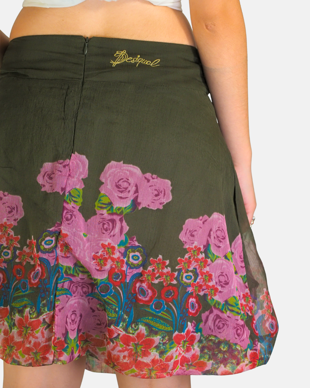 Olive Green Floral Asymmetric Skirt - Desigual