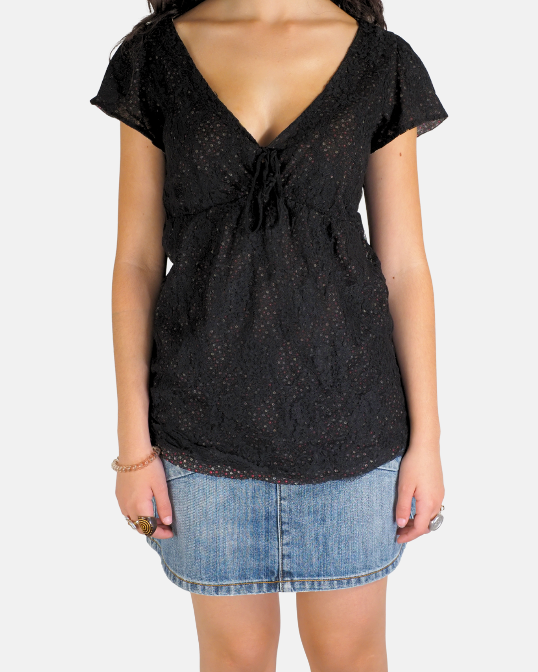 Black Lace Floral Tie Front Top - Camaieu