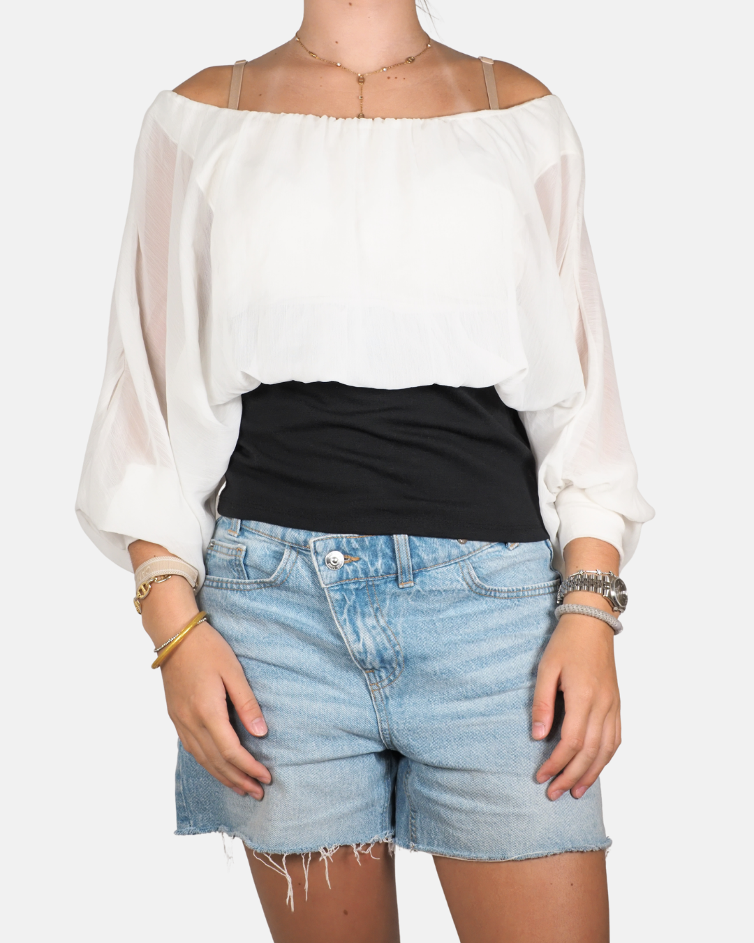 White Chiffon Off-Shoulder Contrast-Waist Top