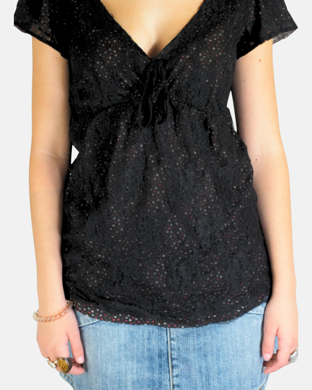 Black Lace Floral Tie Front Top - Camaieu