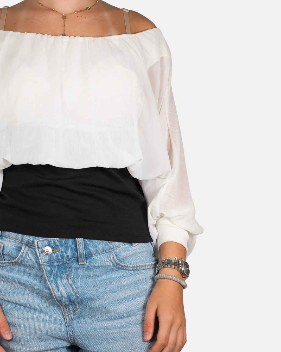 White Chiffon Off-Shoulder Contrast-Waist Top