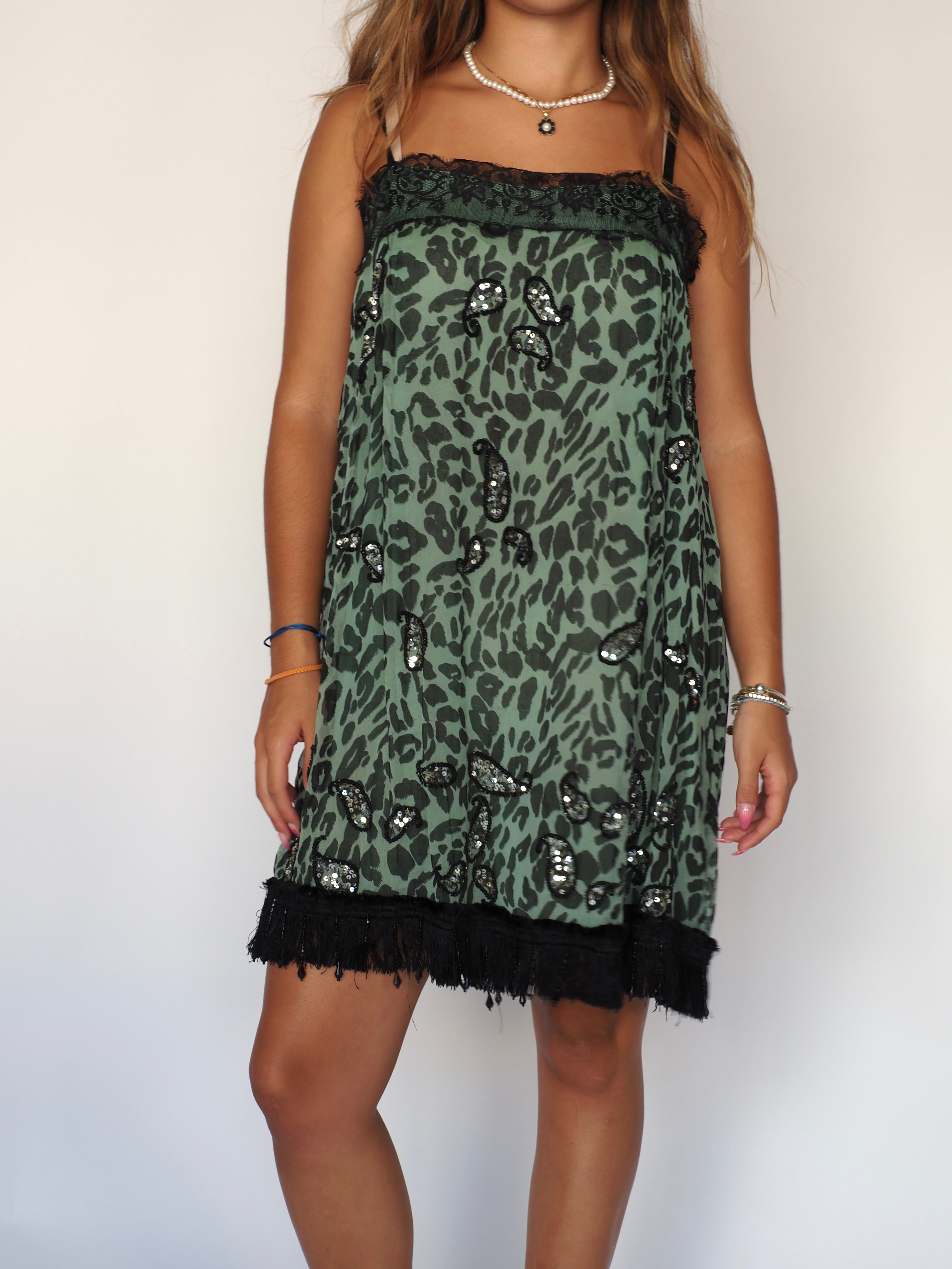 Twin Set Green Leopard Print Sequin Mini Dress with Lace Trim